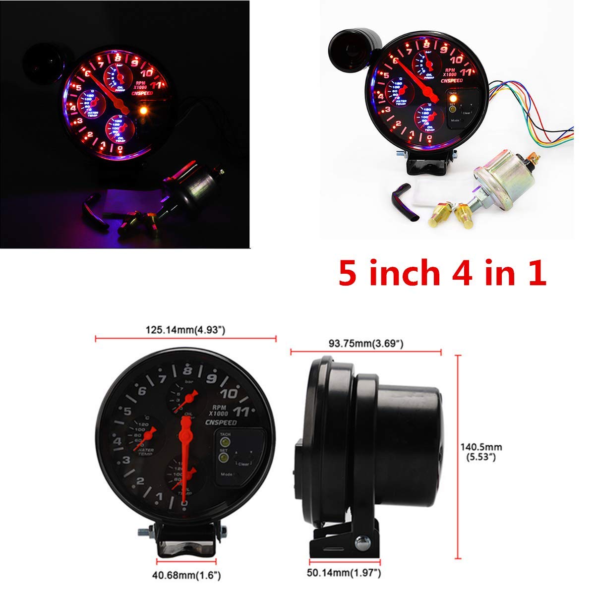 5 Inch 4-in-1 Tachometer Gauge for Cars - Water Temp, Oil Temp & Oil Pressure Monitor with Seat - Perfect for Performance Vehicles, Classic Cars & Racing Applications