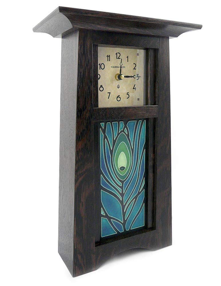 American Made Craftsman Style Oak Wood Mantel Clock with Peacock Feather Art Tile, Slate Finish, 15