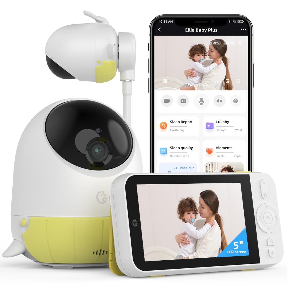 Ellie AI Video Baby Monitor with Camera & Audio - 2-Way Talk, No WiFi/WiFi Option, Face Covered Alert, Sleep Tracking, Breathing Detection for Nursery, Daycare & Travel