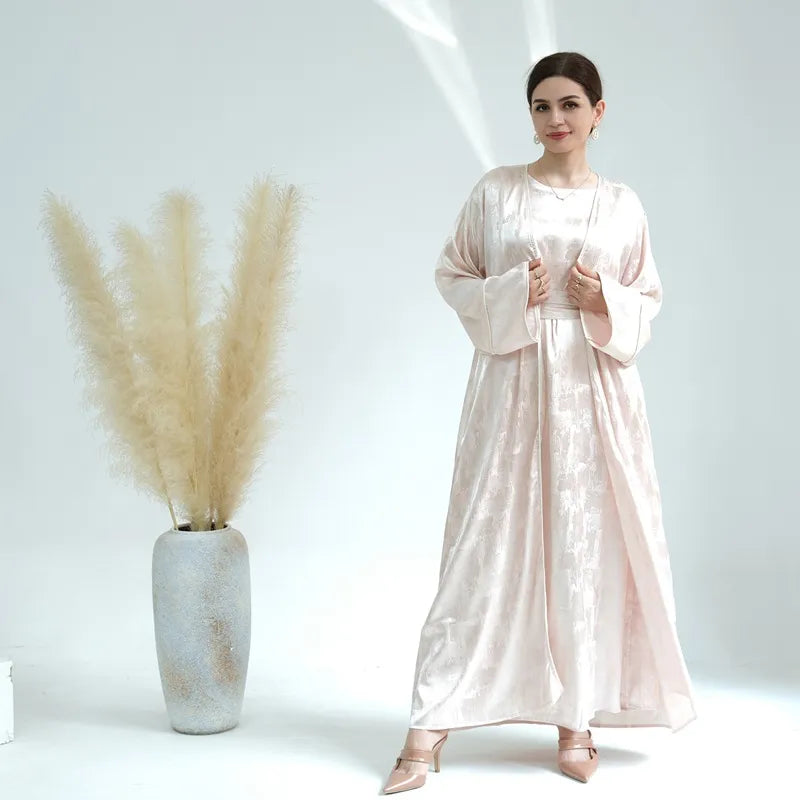 Elegant Jacquard Satin 2-Piece Muslim Women's Open Abaya Dress Set - Perfect for Prayer, Eid, and Special Occasions