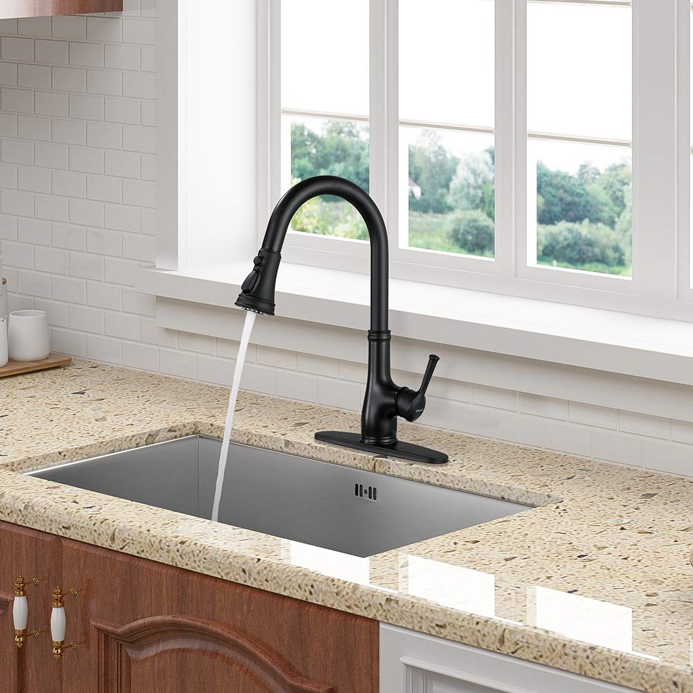 Premium Matte Black Single Handle Pull Down Kitchen Faucet with Sprayer - Modern WEWE Black Kitchen Sink Faucet for Easy Cleaning & Dishwashing | Perfect for Home, Restaurant & Commercial Kitchens