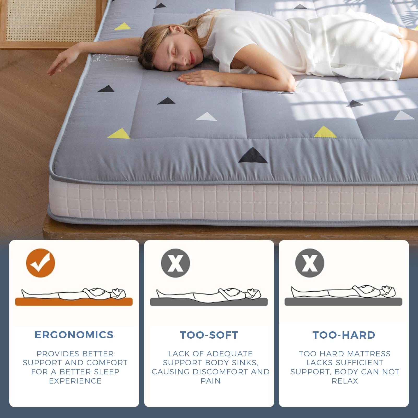 MAXYOYO 6-Inch Extra Thick Futon Mattress - Grey Triangle Pattern Floor Mattress Pad, Japanese Tatami Style Guest Bed | Perfect for Small Spaces, Dorm Rooms & Sleepovers