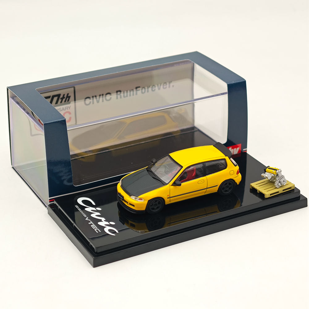 1/64 Honda CIVIC (EG6) JDM Style Custom Diecast Model Car with Engine Display - Yellow HJ642017AY - Collectible Scale Model for Car Enthusiasts | Perfect for Display, Gifts, and Hobby Collections (Ships from USA)
