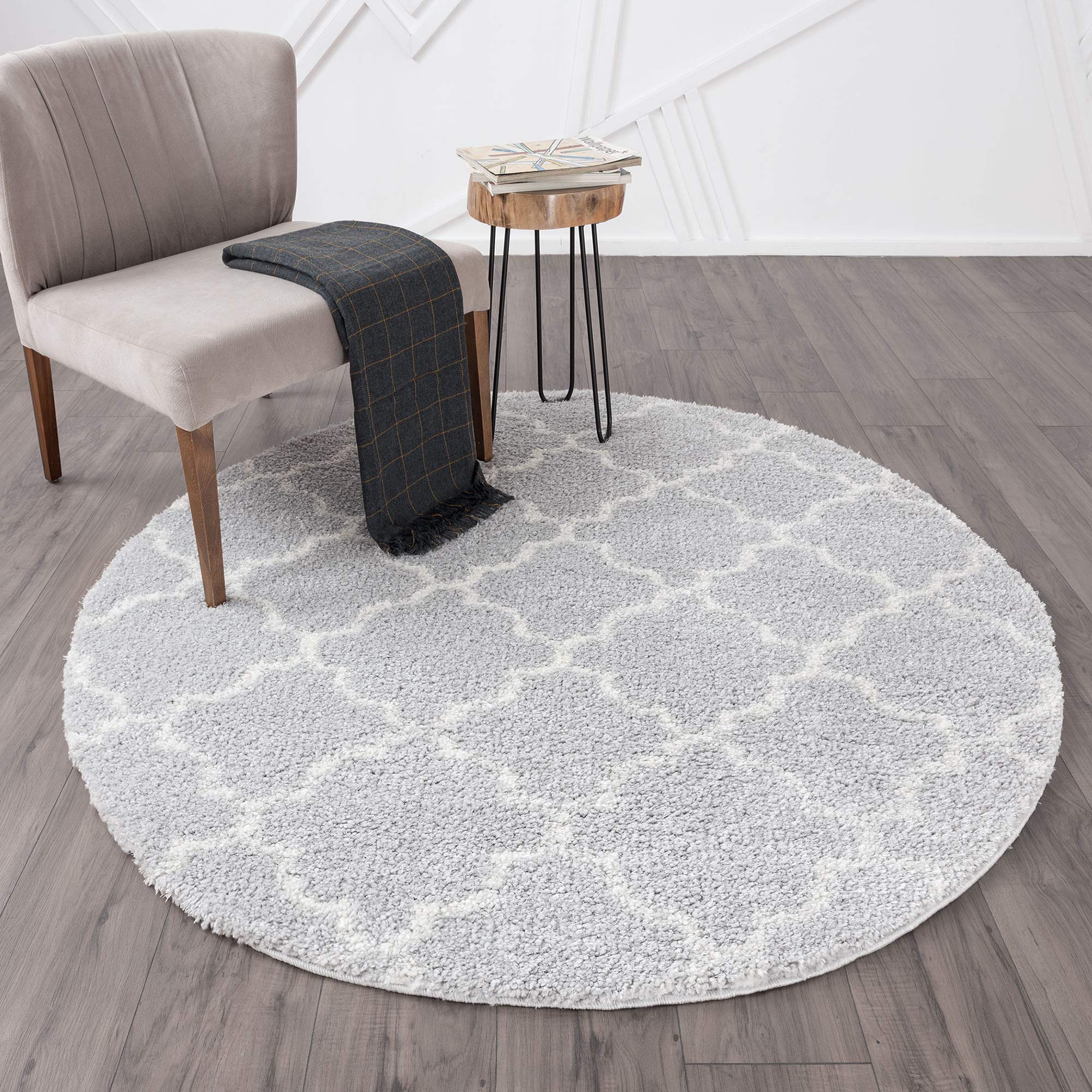 Waterbury Gray 8 Foot Shag Round Area Rug - Soft Contemporary Trellis Design for Living Room, Bedroom & Dining Room - Perfect for Cozy Home Decor & Modern Interior Styling