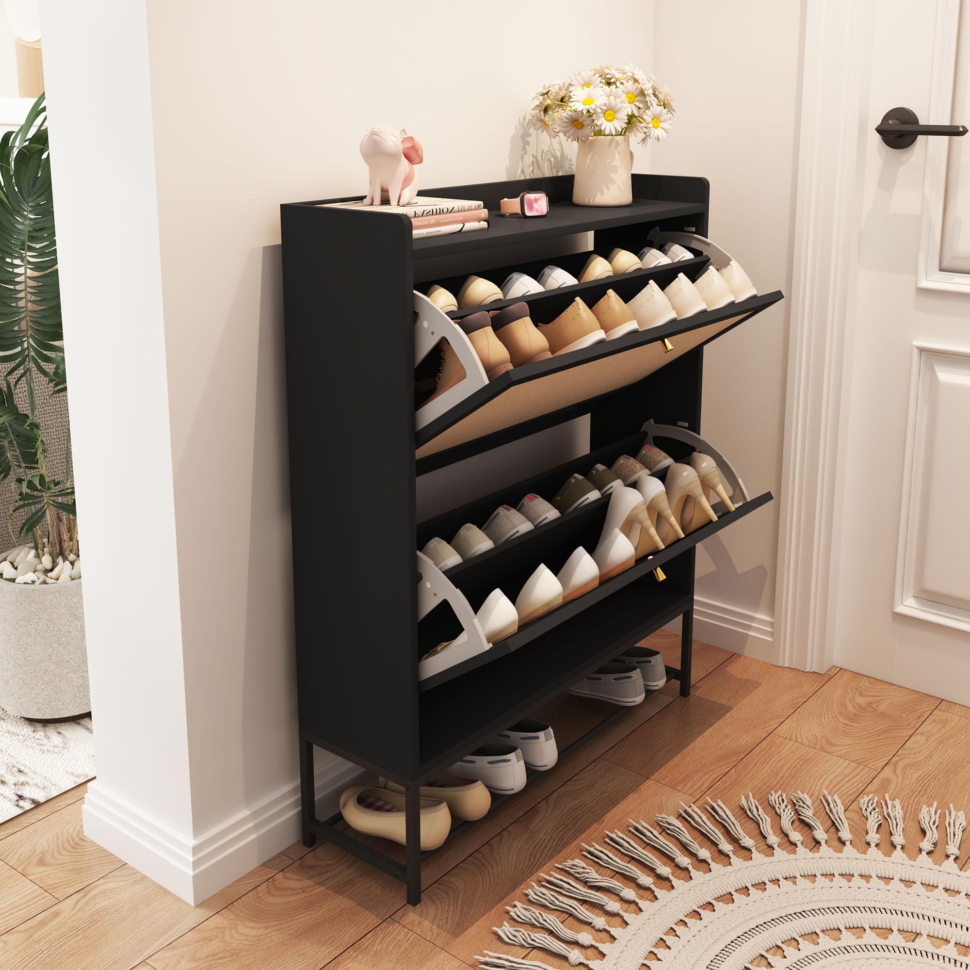 AVZEAR Narrow Shoe Storage Cabinet with 2 Flip Drawers - Freestanding Wooden Closed Shoe Rack Organizer for Entryway, Hallway, Living Room - Space Saving Slim Design (Black) | Perfect for Small Spaces, Apartments & Closet Organization