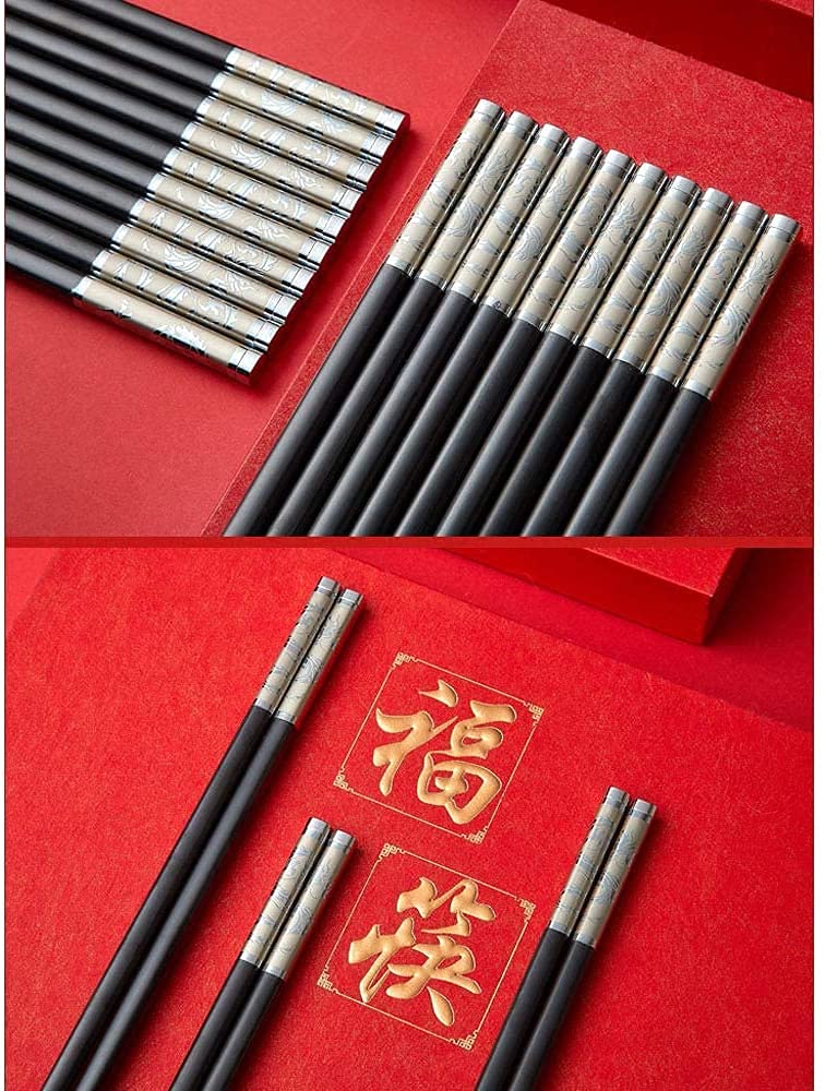 Premium Reusable Metal Chopsticks Set - 10 Pairs Stainless Steel & Alloy Chopsticks with Gift Box (27.2cm) - Durable Fiberglass Cooking Chopsticks for Asian Cuisine, Sushi, Ramen & Home Dining