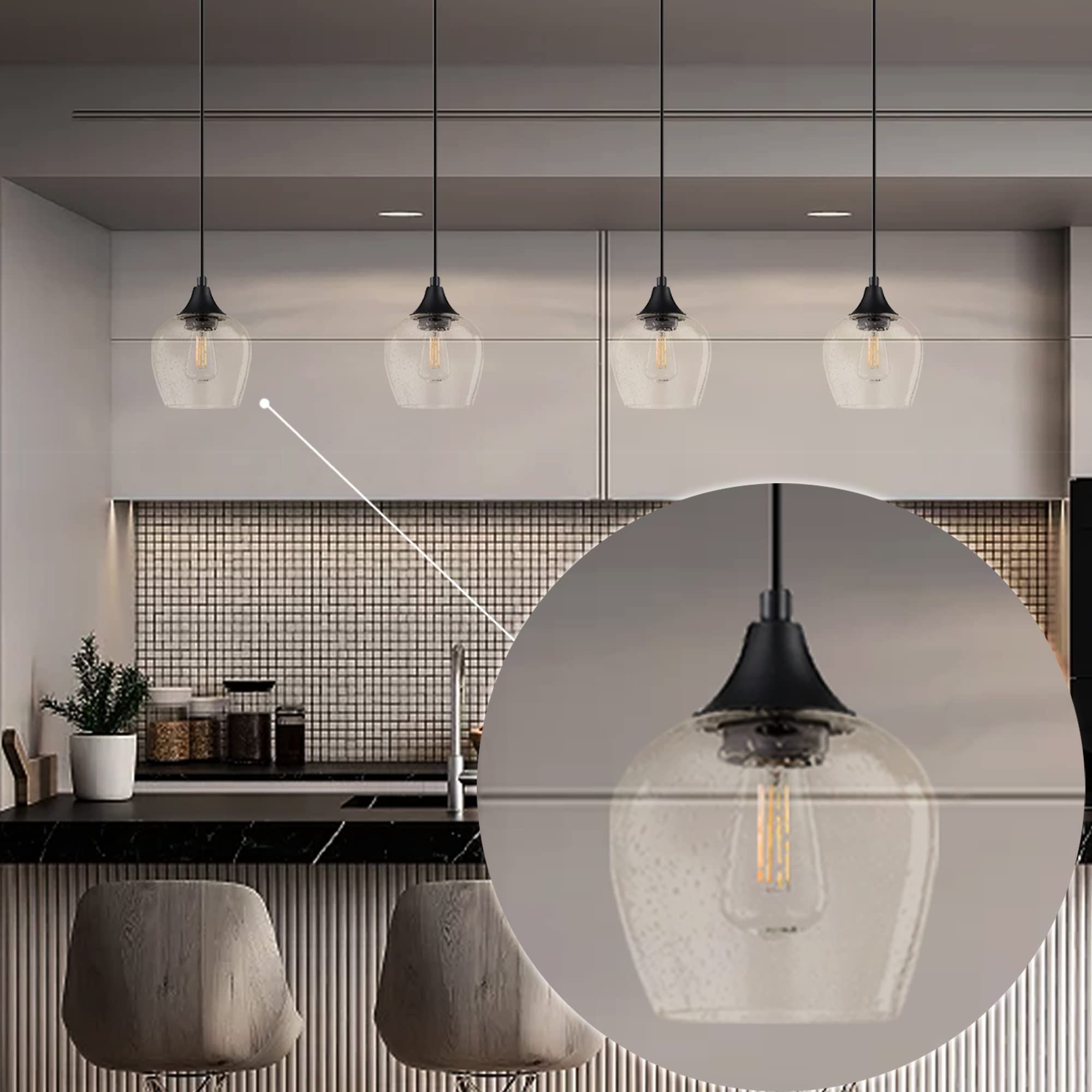 3 Pack Black Mini Hanging Pendant Lights with Clear Seeded Glass Shades - Indoor Kitchen Island Lighting for Dining Room, Bar Counter, Breakfast Nook & Home Decor