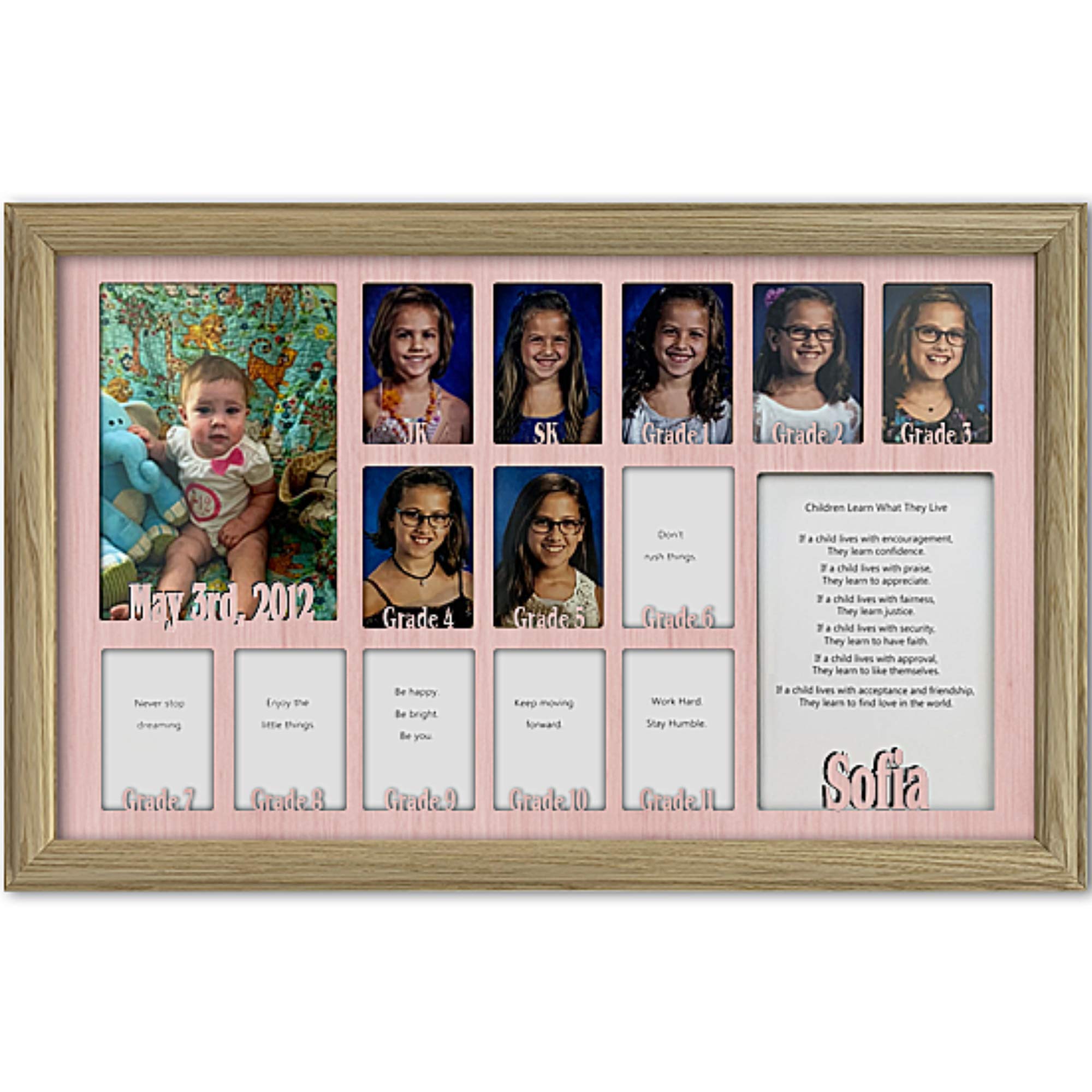 Personalized Northland School-Years Picture Frame - Holds Twelve 2.5x3.5 & One 5x7 Photos - Custom Name Engraved - Unfinished Wood Frame with Pink Mat - Perfect for JK, SK to Graduation Memories - Great Gift for Teachers & Parents