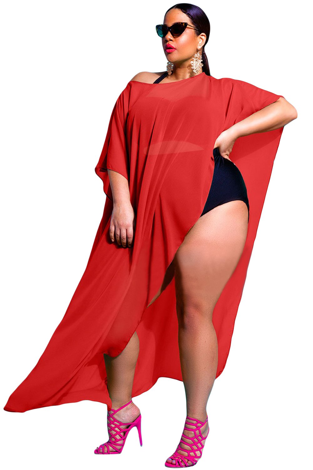 Prime Leader Rose Red Draped Plus Size Swim Cover Up - Flowy Beach Dress for Women, Perfect for Poolside, Vacation & Summer Outfits