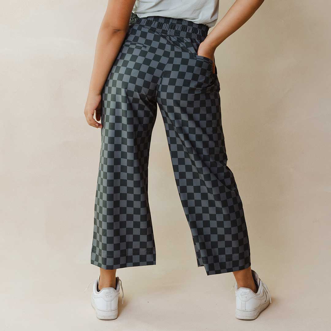 Audrey Wide Leg Pants for Women - Stylish Slate Checkered High Waist Trousers | Office Wear, Casual Outfits & Business Travel Essentials