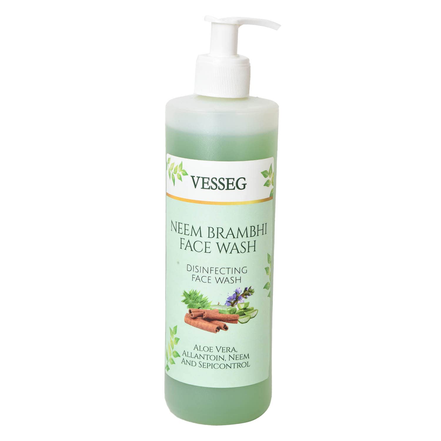 VESSEG Neem Brambhi Face Wash - Natural Disinfecting Facial Cleanser with Aloe Vera, Allantoin & Neem Extract (500ml) | Gentle Acne Treatment for Oily & Sensitive Skin | Daily Skincare Routine & Post-Workout Cleansing