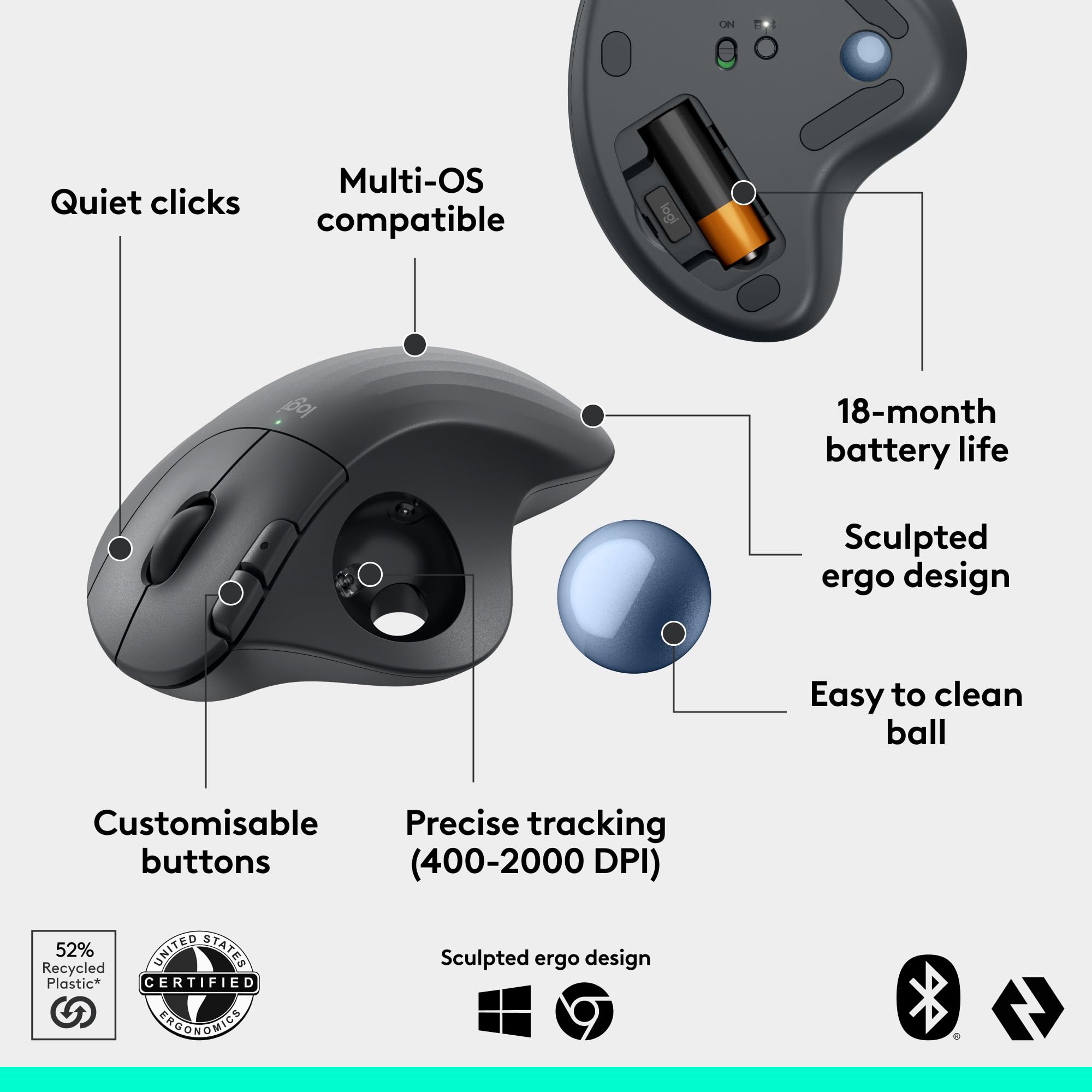 Logitech Ergo M575S Wireless Trackball Mouse - Bluetooth & USB Dongle, Ergonomic Thumb Control, Precise Tracking for PC & Mac (Graphite Blue) - Perfect for Office Work, Graphic Design & Long Computing Sessions