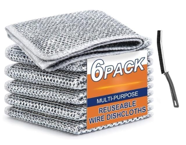 Non-Scratch Wire Dishwashing Rags with Gap Cleaning Brush - 6 Pack + 1 Brush for Stainless Steel Sinks, Pots & Pans - Multipurpose Scrubber for Wet/Dry Cleaning - Perfect for Kitchen, Countertops & Hard-to-Reach Areas