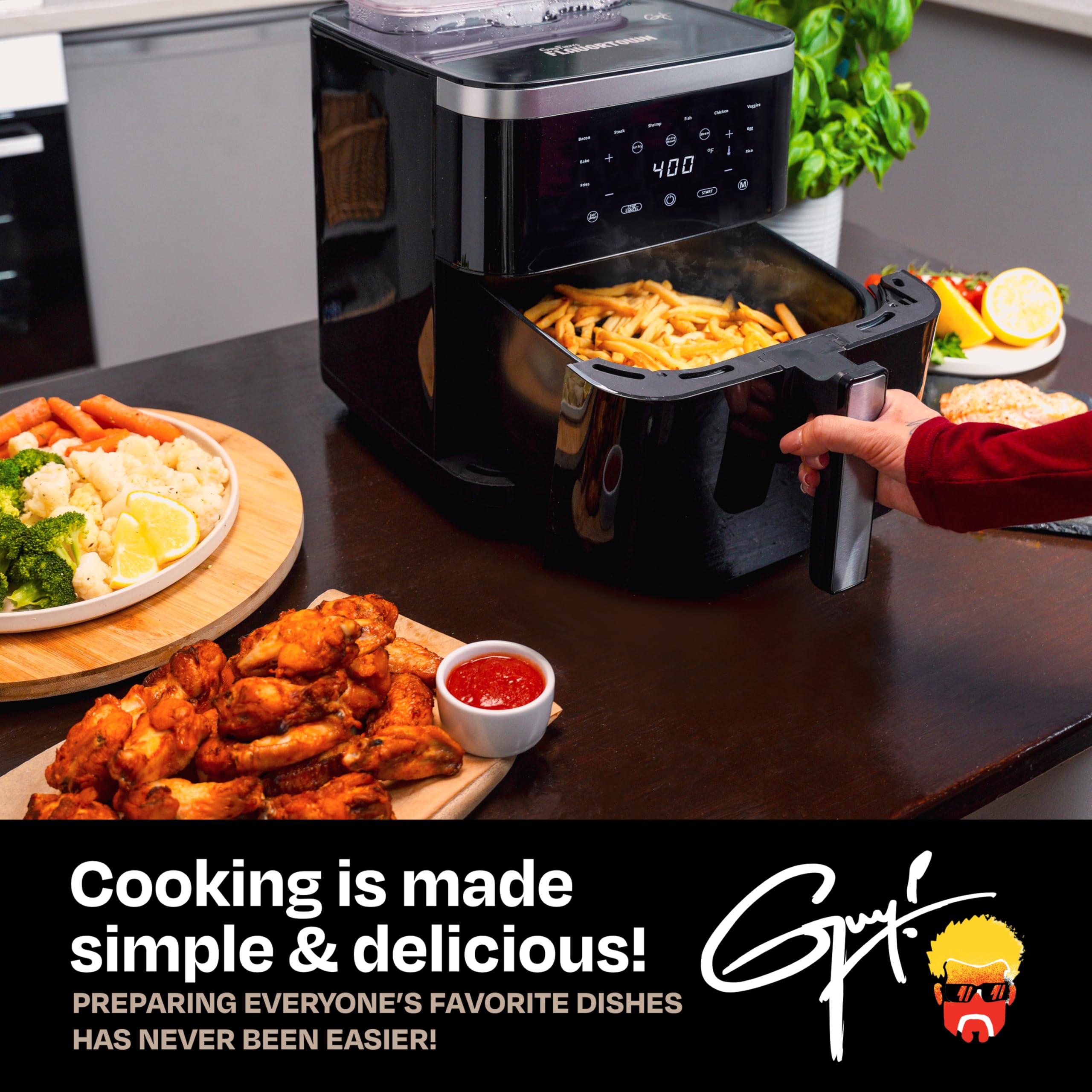 Guy Fieri's Flavortown 6.5 Quart Steam Air Fryer with Moisture Lock Technology – Programmable Steamer & Air Fryer Combo, 1700W, 10 Presets, Precise Temp Control – Perfect for Healthy Cooking, Crispy Snacks & Family Meals