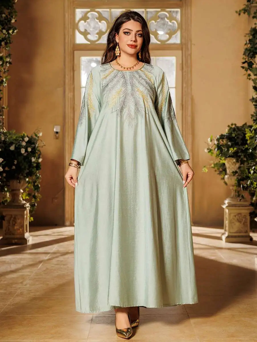 Elegant Eid Embroidered Hotfix Rhinestone Caftan Kaftan Dress for Women - Perfect for Holiday Parties, Weddings & Special Occasions