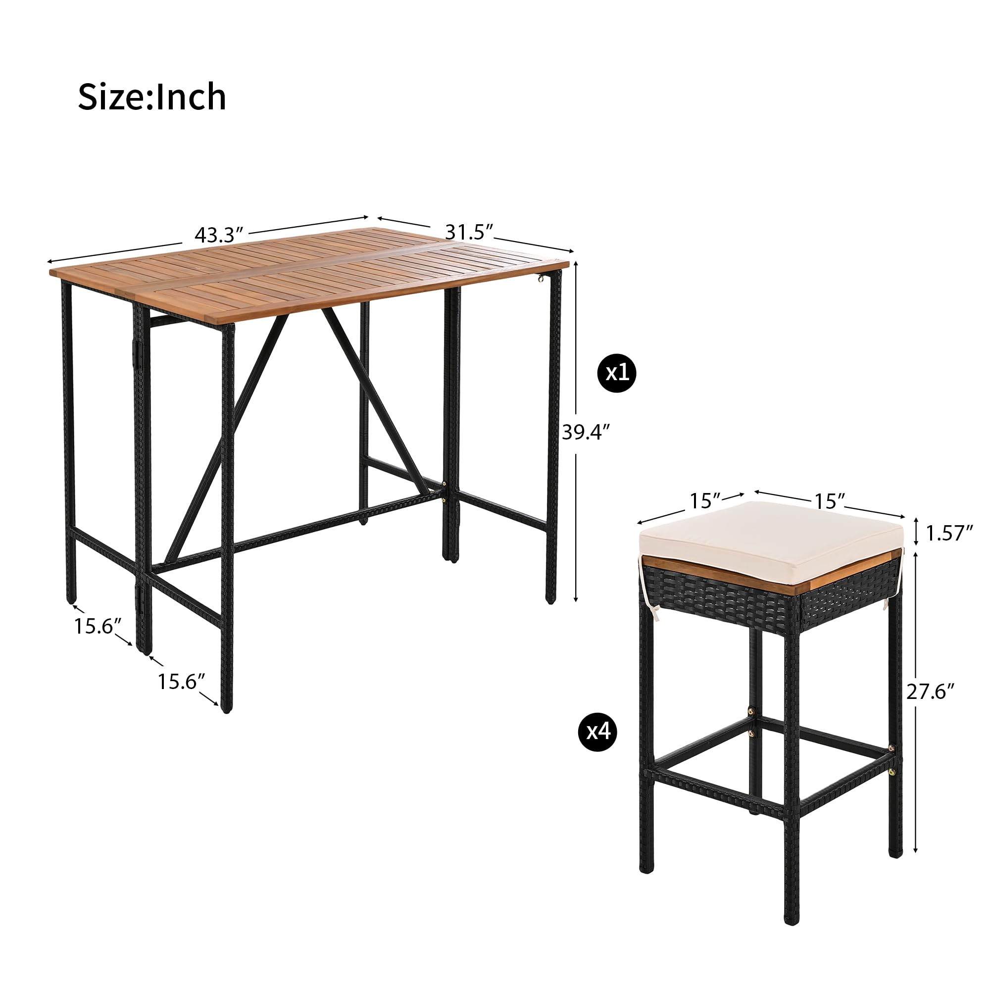 Quarte Modern 5-Piece Outdoor Patio Dining Set - PE Rattan Wicker Bar Set with 4 Square Stools & Acacia Wood Foldable Tabletop - High-Dining Bistro Set for Garden, Backyard, Balcony & Poolside Entertaining