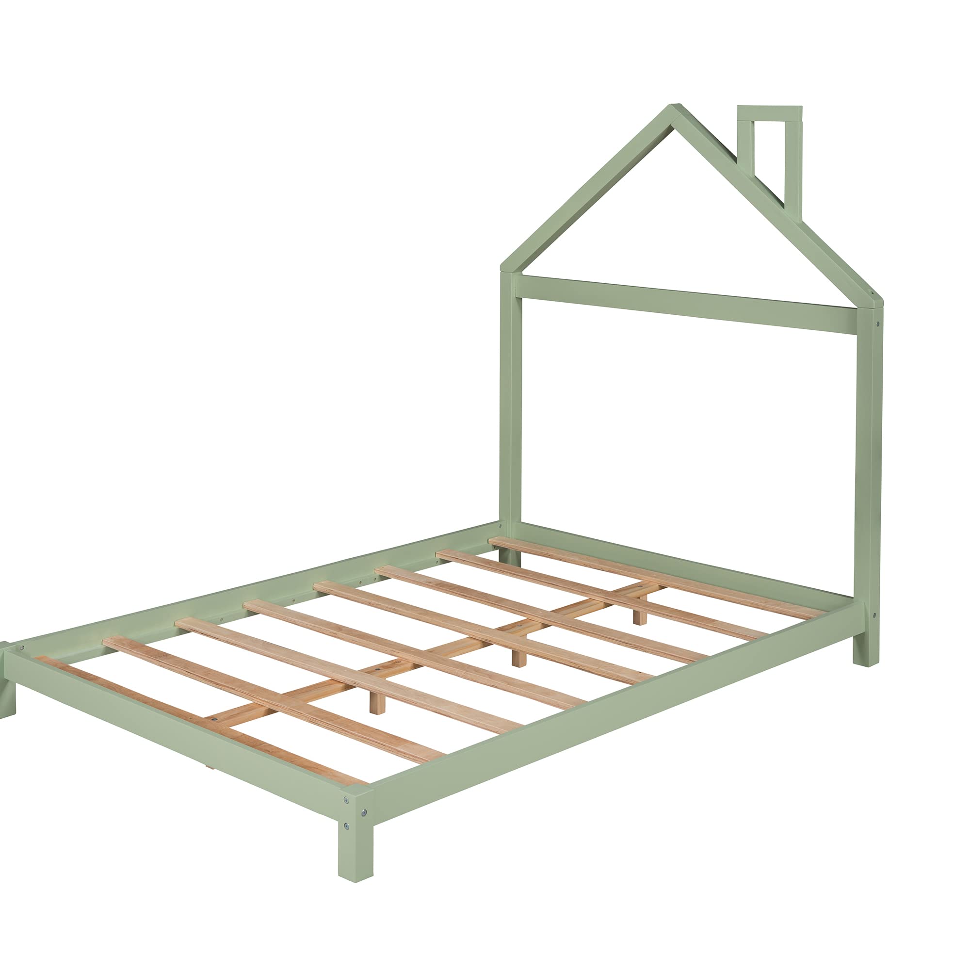 **Full Size Wooden Platform Bed Frame with House-Shaped Headboard - No Box Spring Needed, Sturdy & Modern Design - Perfect for Bedrooms, Guest Rooms & Small Spaces (Green)**