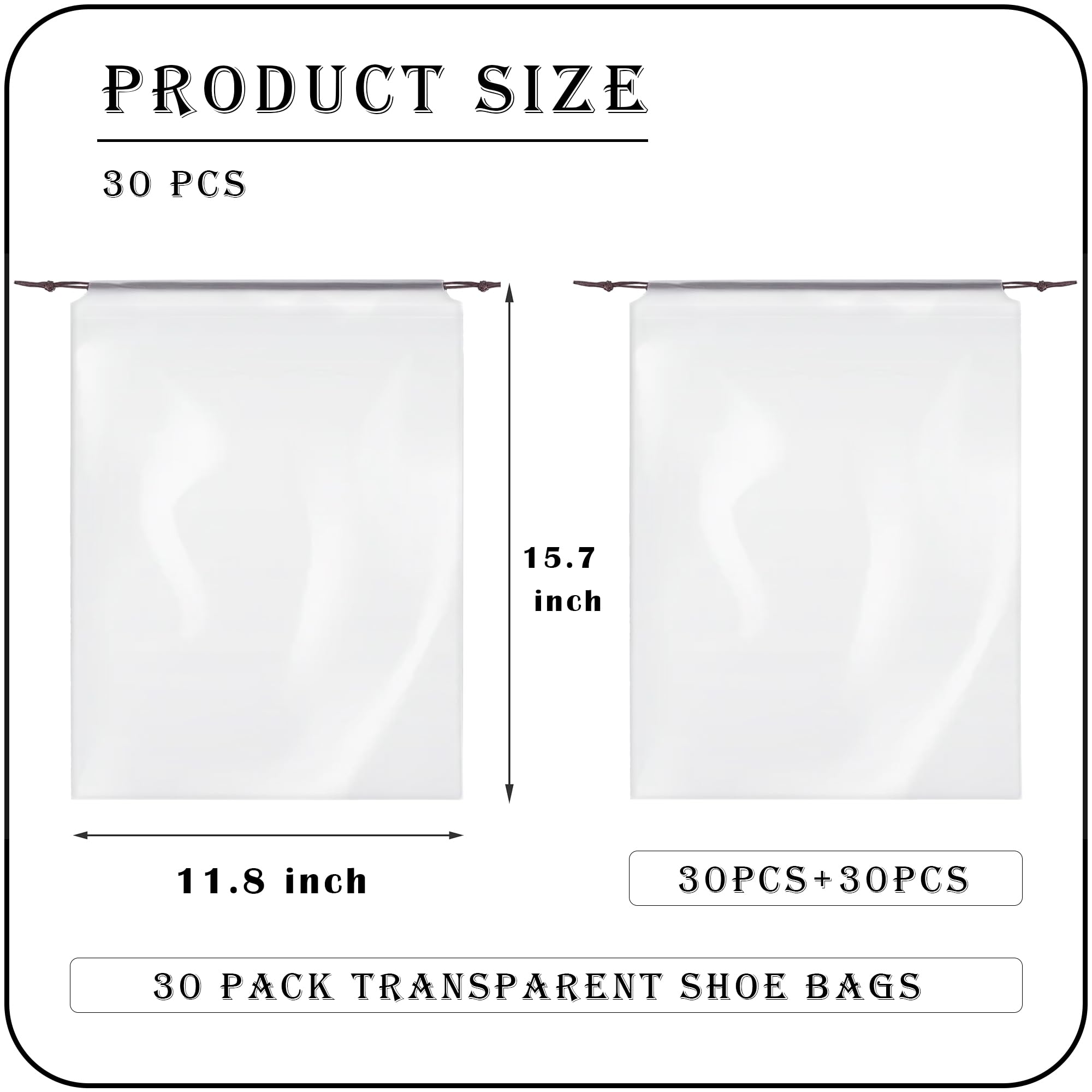 30 Pack Clear Waterproof Shoe Bags for Travel & Storage - 11.8” x 15.7” Transparent Drawstring Dust Bags for Men & Women - Perfect for Packing, Shoe Organization, Closet & Luggage Protection