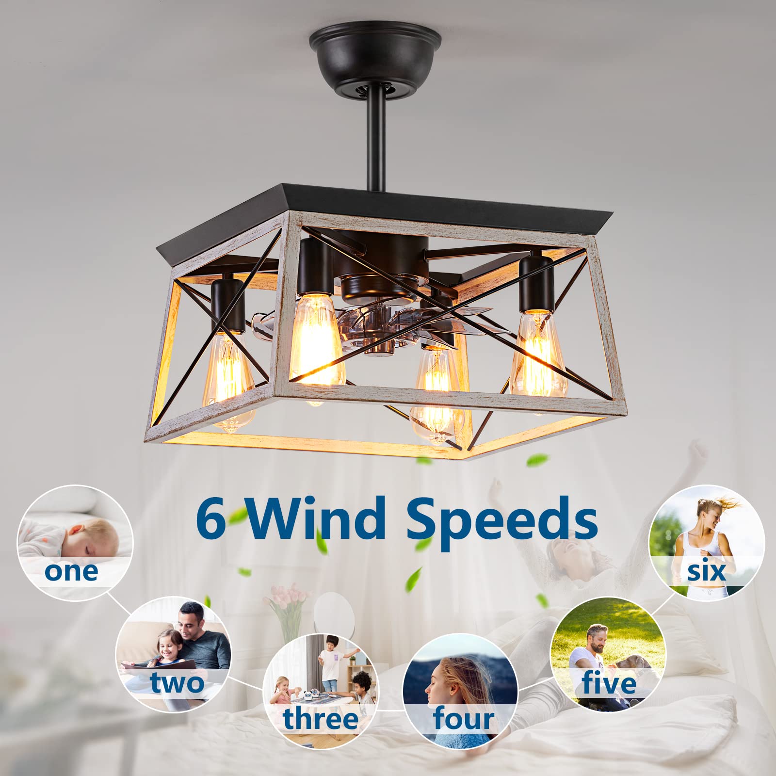 Rustic 4-Light Caged Bladeless Ceiling Fan with Remote - Farmhouse Style Indoor Fan with LED Lights for Living Room, Bedroom & Kitchen - Perfect for Home, Office and Patio Decor