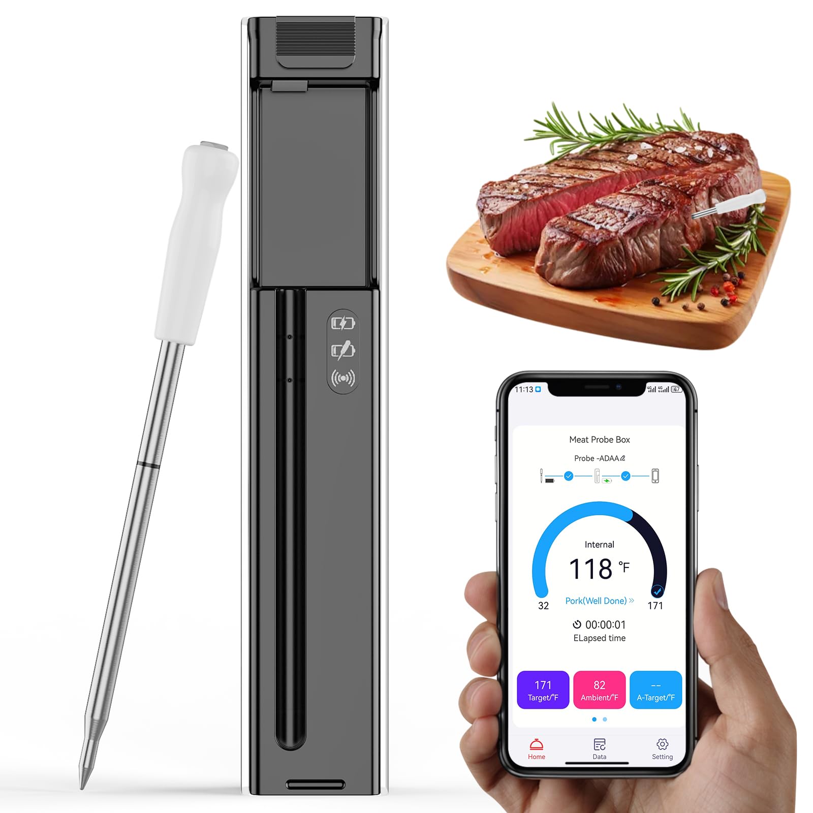 Digital Wireless Bluetooth Meat Thermometer with Smart Probe - BBQ, Oven, Grill & Smoker Cooking Thermometer for Steak, Pork, Turkey - iOS & Android App Compatible | Perfect for Outdoor Grilling, Home Cooking & Professional Chefs