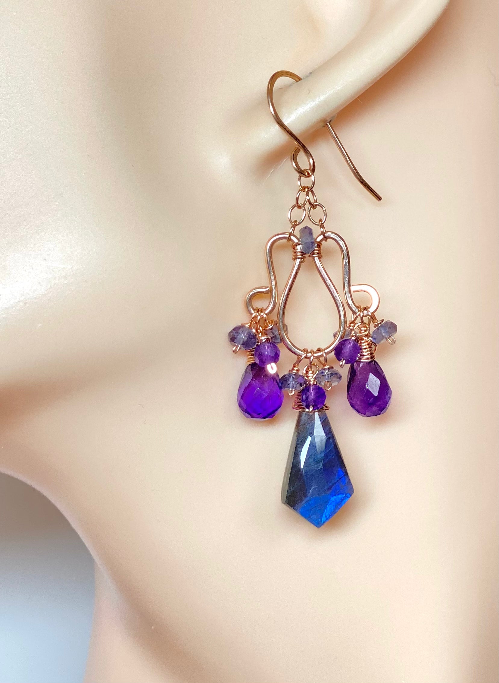 Handmade Blue Labradorite and Amethyst Chandelier Earrings in Rose Gold Fill - Elegant Boho Jewelry for Women, Perfect for Weddings, Parties & Special Occasions