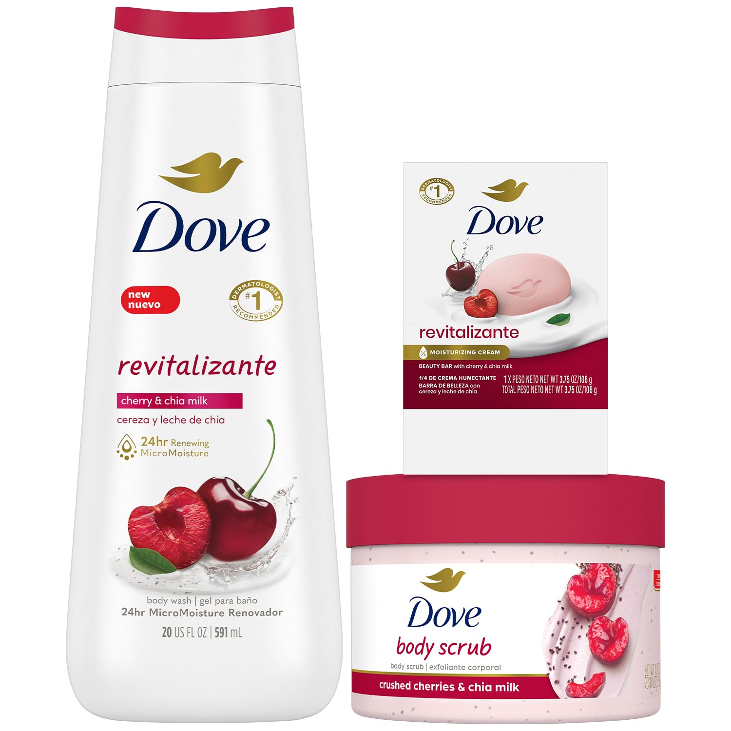 Dove Revitalizing Cherry Collection Gift Set - Cherry & Chia Milk Body Wash, Exfoliating Body Polish + Soap Bar (3 Piece Set) | Hydrating Skincare for Dry Skin | Perfect Gift for Women, Mothers Day & Self Care Routine