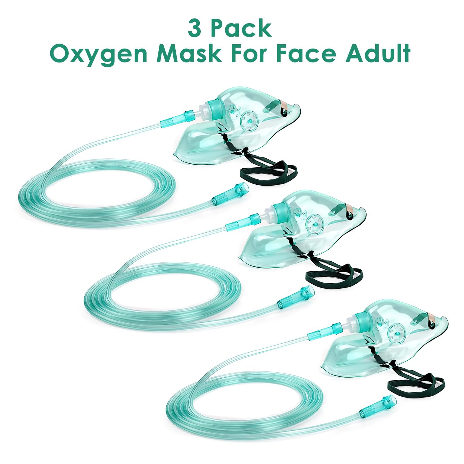 3 Pack Adult Oxygen Face Masks with 7 Ft Tube - Adjustable Elastic Strap, Size L for Home Use, Travel & Emergency Care