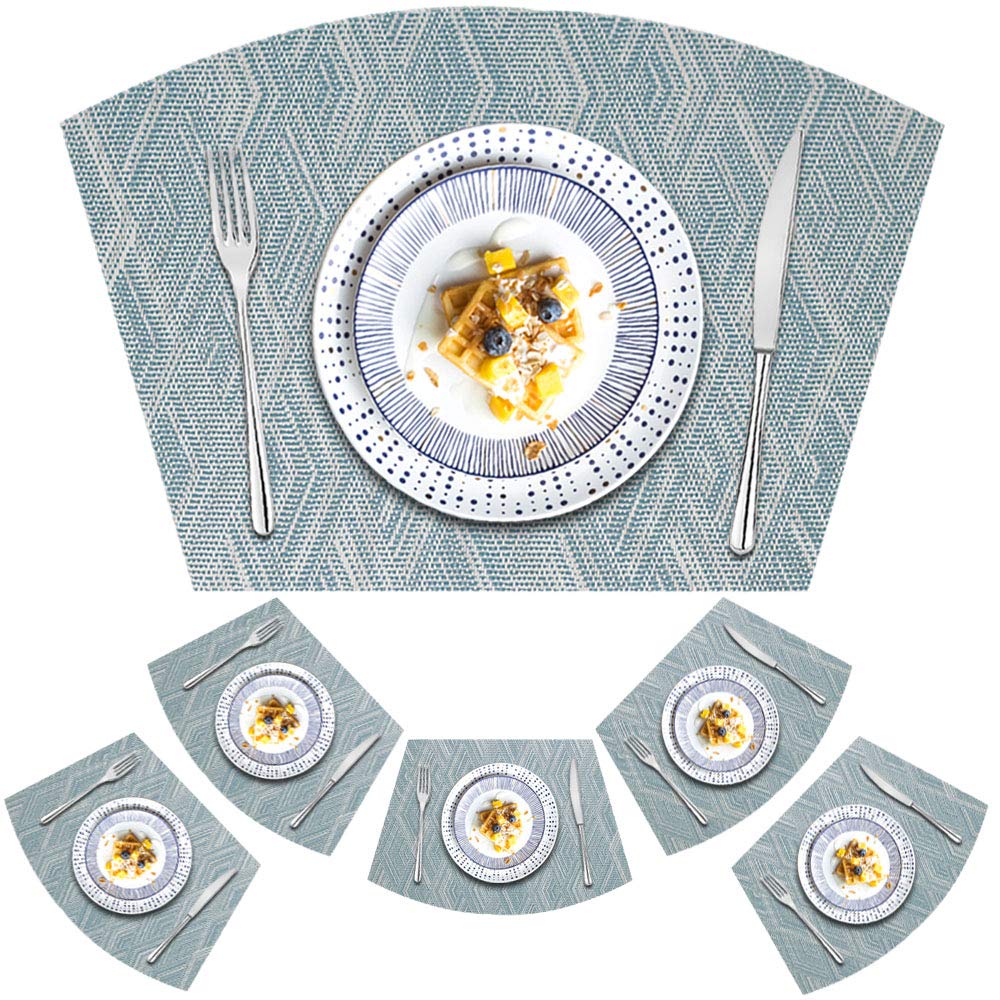 Round Vinyl Placemats Set of 6 - Woven Heat-Resistant Table Mats, Wipe Clean & Durable - Light Blue - Perfect for Dining Tables, Kitchen Countertops & Outdoor Patio Use