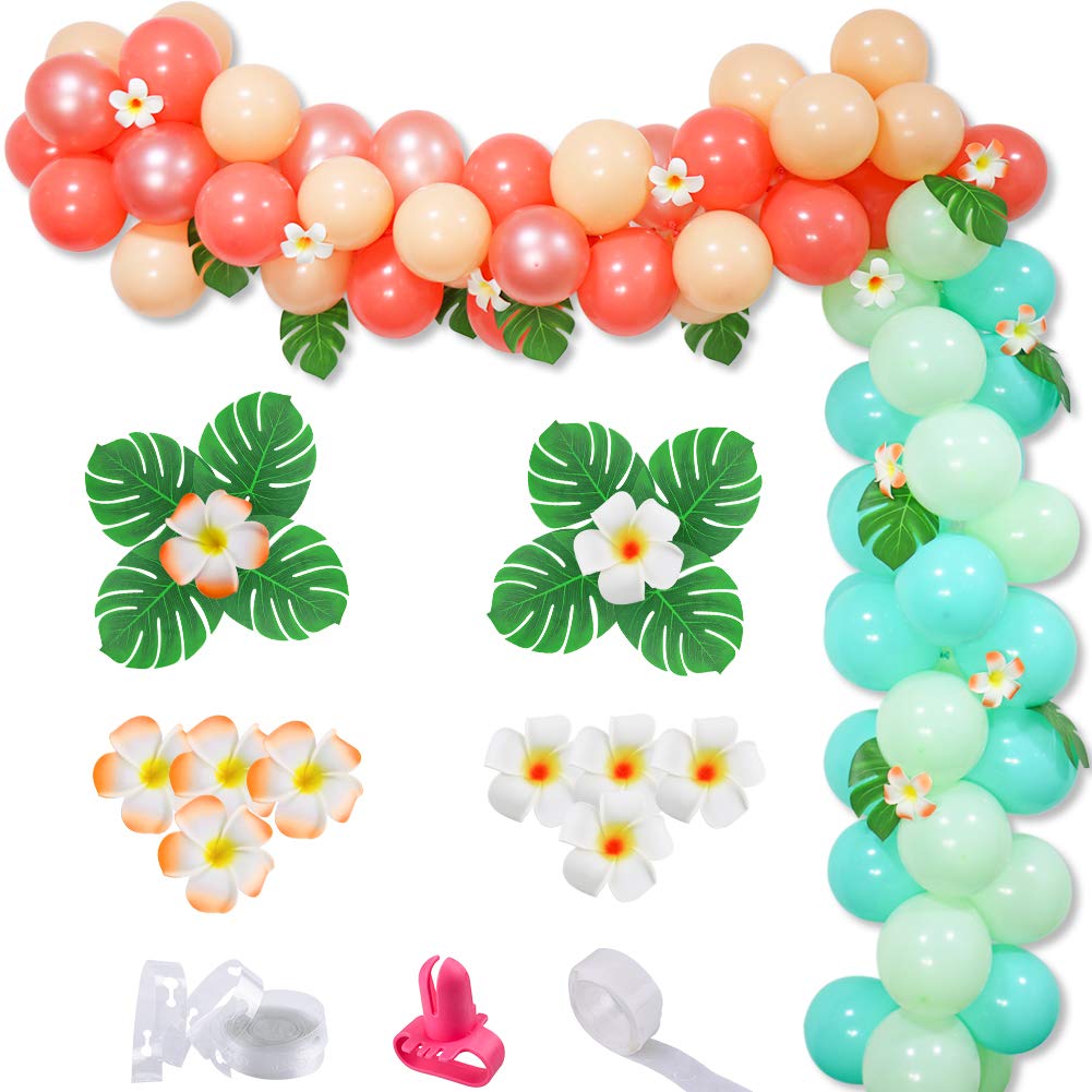 Tropical Balloon Garland Arch Kit - Hawaii Luau Party Decor with Palm Leaves & Plumeria Flowers for Summer Beach Parties, Baby Showers, Kids Birthdays, Bridal Showers & Tropical Themed Events