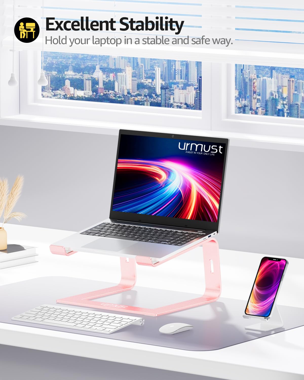 Urmust Aluminum Laptop Stand for Desk - Rose Gold Ergonomic Riser Holder Compatible with MacBook Air Pro, Dell, HP, Lenovo, Samsung, Alienware & All 11-15.6