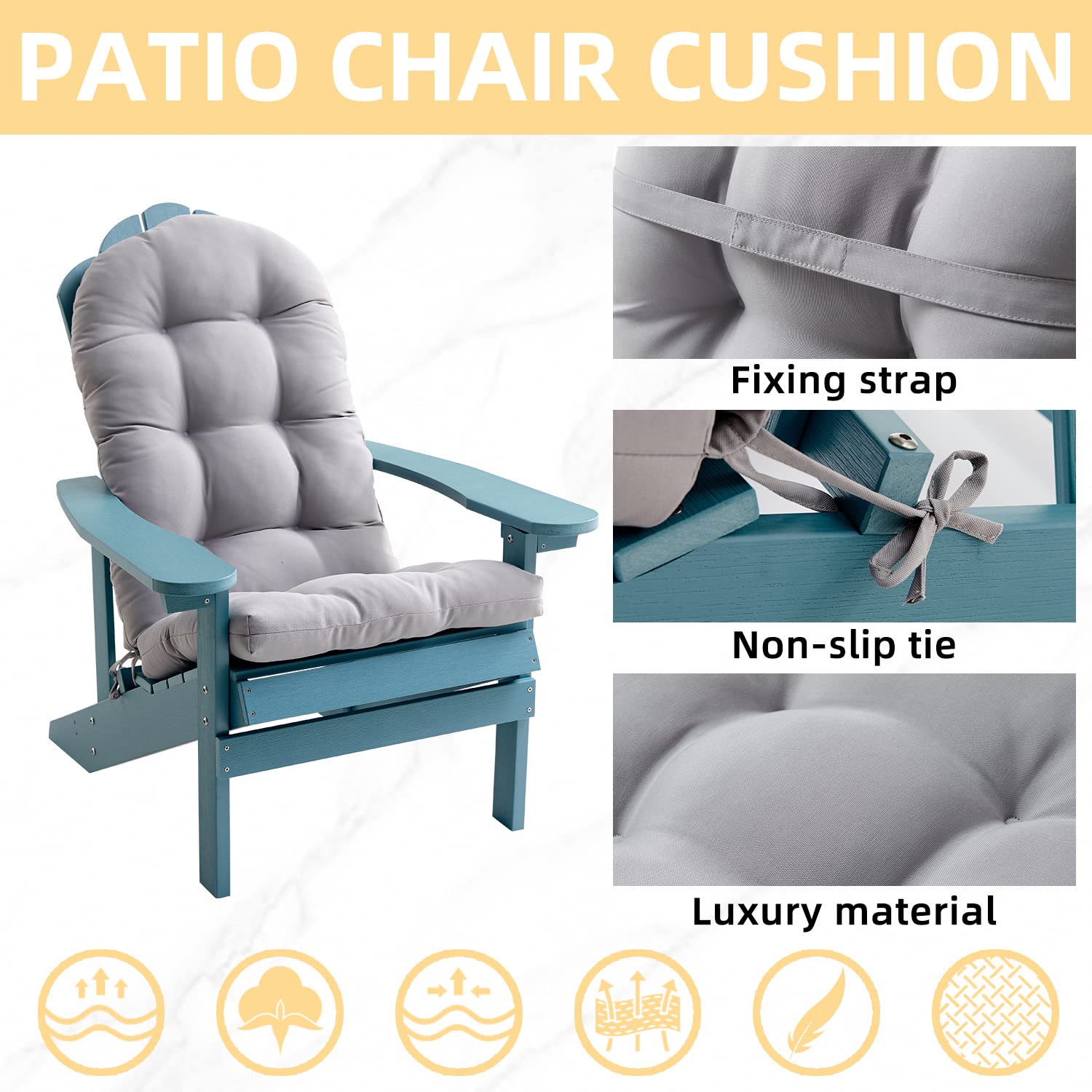 FILUXE Adirondack & Rocking Chair Cushion Set of 2 - Waterproof High Back Patio Cushions with Ties, Fade-Resistant All-Weather Outdoor Pillows for Garden, Deck, Porch (Gray) - Perfect for Relaxing in Your Backyard or on the Patio