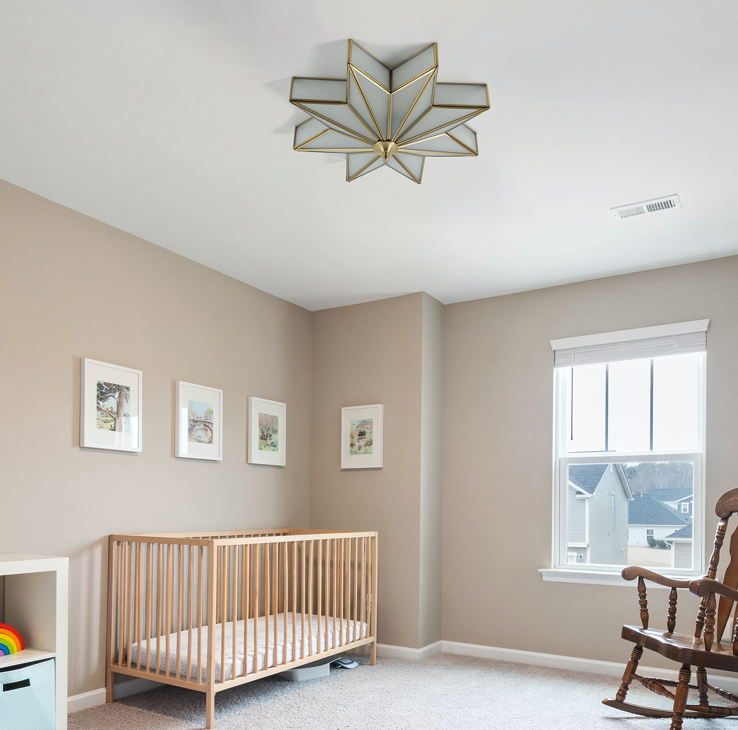 Vintage Star-Shaped Antique Brass Flush Mount Ceiling Light Fixture - 4-Light Bedroom Lighting with Frosted Glass Shade (Bulbs Included) - Perfect for Bedroom, Living Room, Dining Room & Hallway Lighting