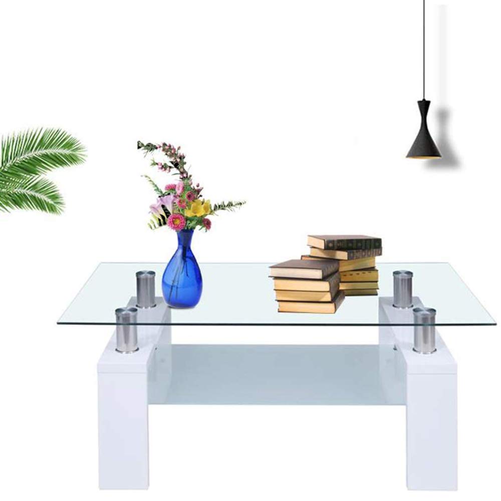 Modern Rectangle Glass Coffee Table with Wooden Legs & Lower Shelf - 8mm Tempered Glass Top - Perfect for Living Room, Lounge, or Office Furniture (White)