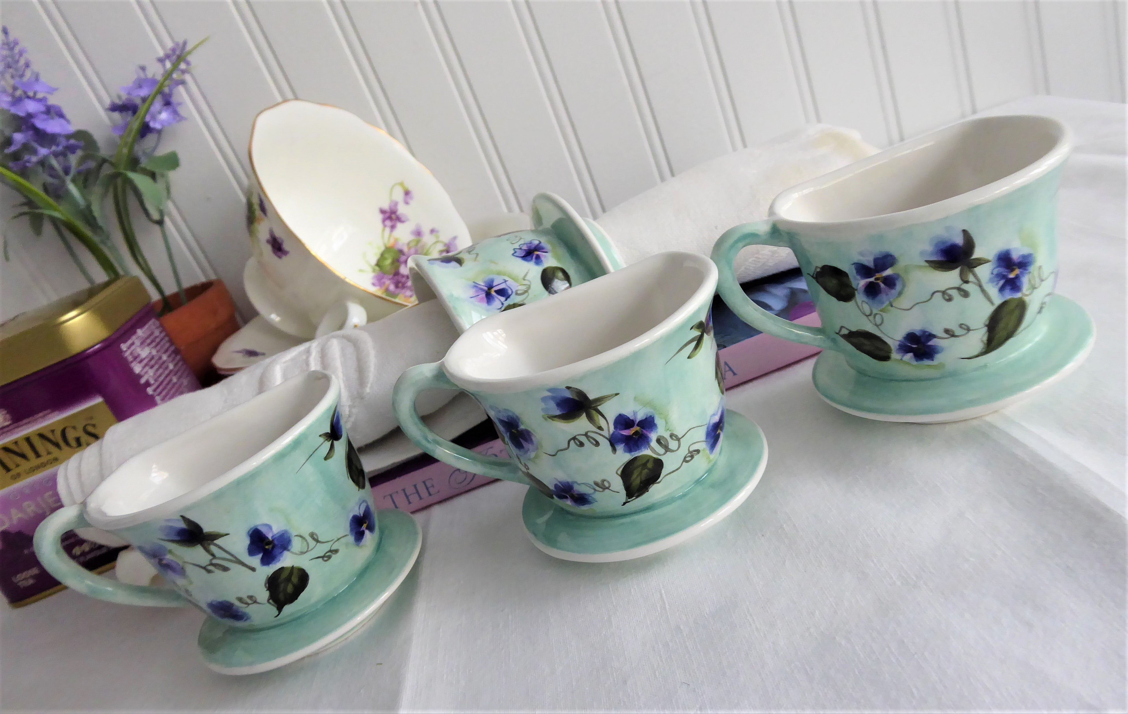 Handpainted Ceramic Teacup Napkin Rings Set of 4 - Violet Floral Design in Egg Blue & Purple - Perfect for Spring Tablescapes, Easter Decor, and Tea Party Table Settings