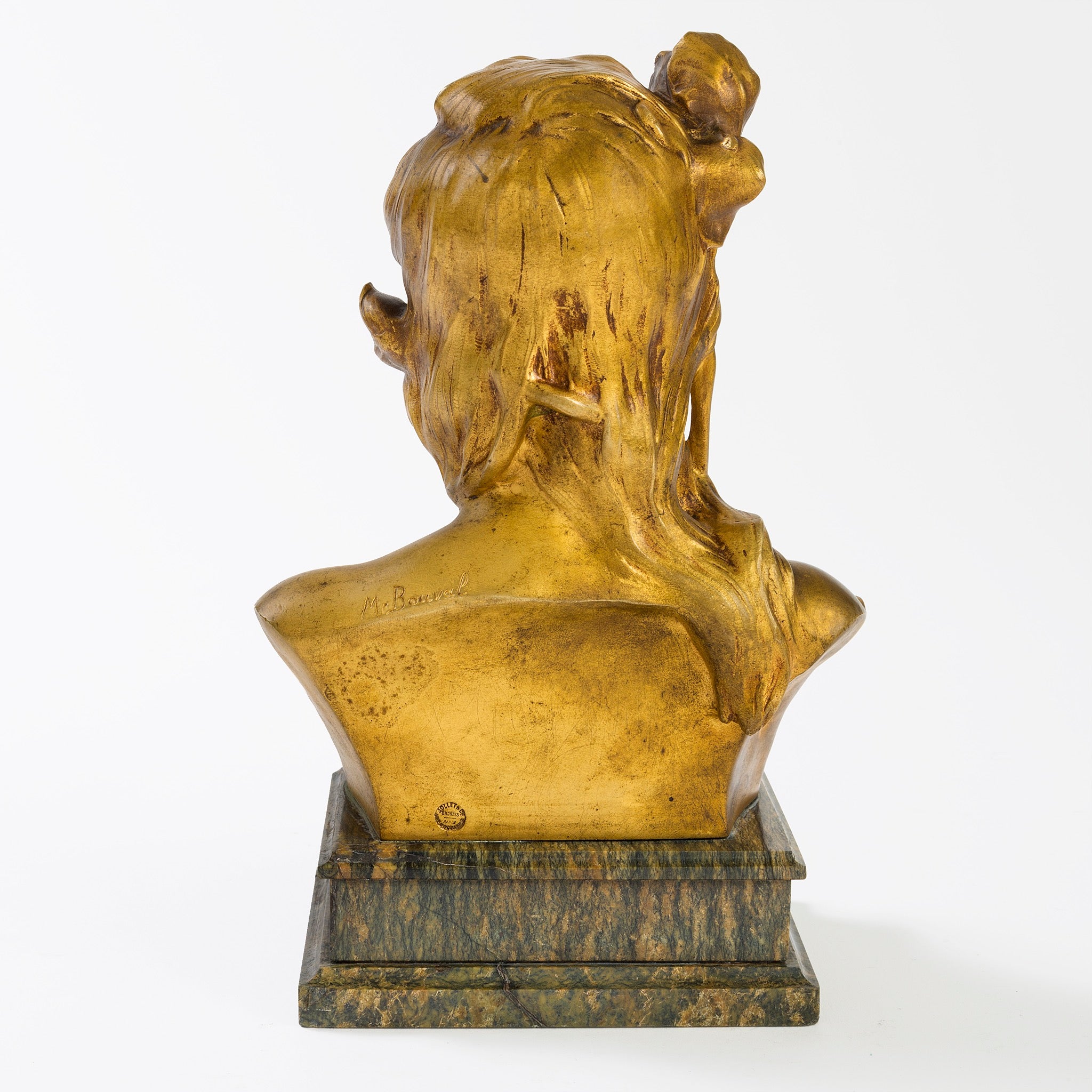 Antique Maurice Bouval Gilt Bronze & Marble Iris Woman Bust Statue - French Art Nouveau Sculpture for Home Decor, Office Display, and Art Collection