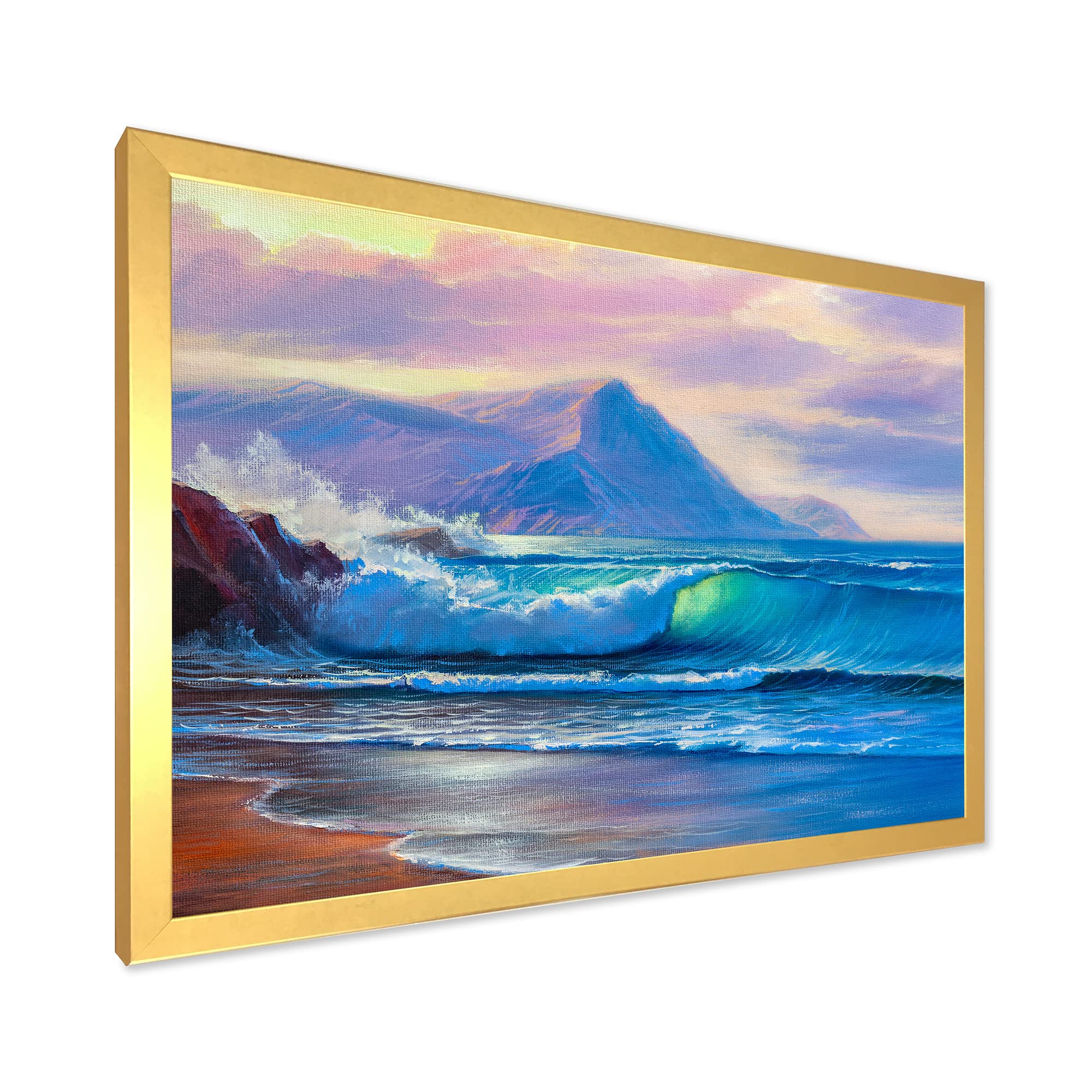 DesignQ Blue Waves Breaking At The Beach - Nautical Coastal Framed Wall Art Decor for Living Room, Bedroom & Office - Ocean Themed Home Decor