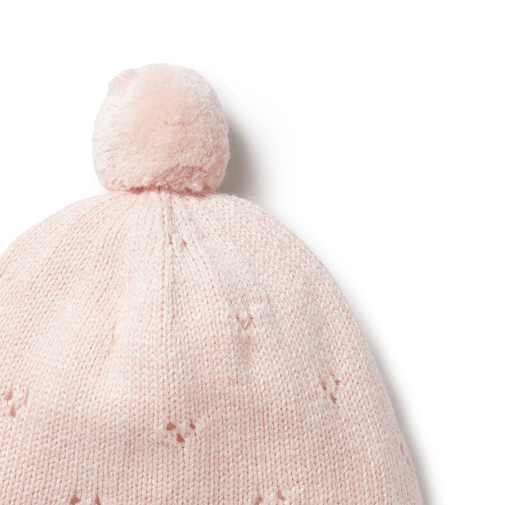 Pink Knitted Pointelle Bonnet for Baby Girls - Soft & Breathable Cotton Newborn Hat for Winter & Photo Shoots