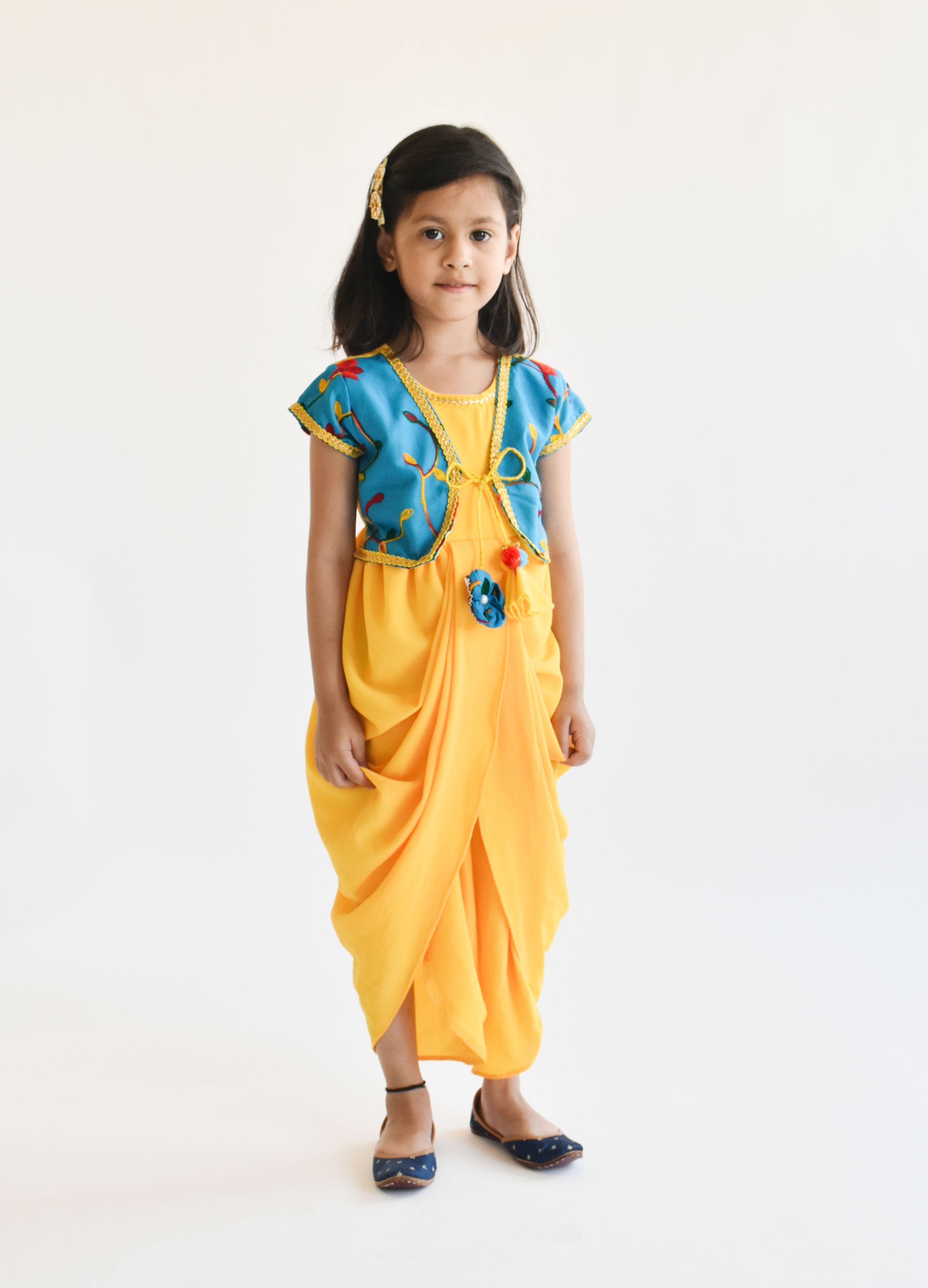 Pre Order: Yellow Georgette Dhoti Jumpsuit with Blue Embroidery Jacket - Elegant Indian Fusion Outfit for Weddings, Festivals & Special Occasions