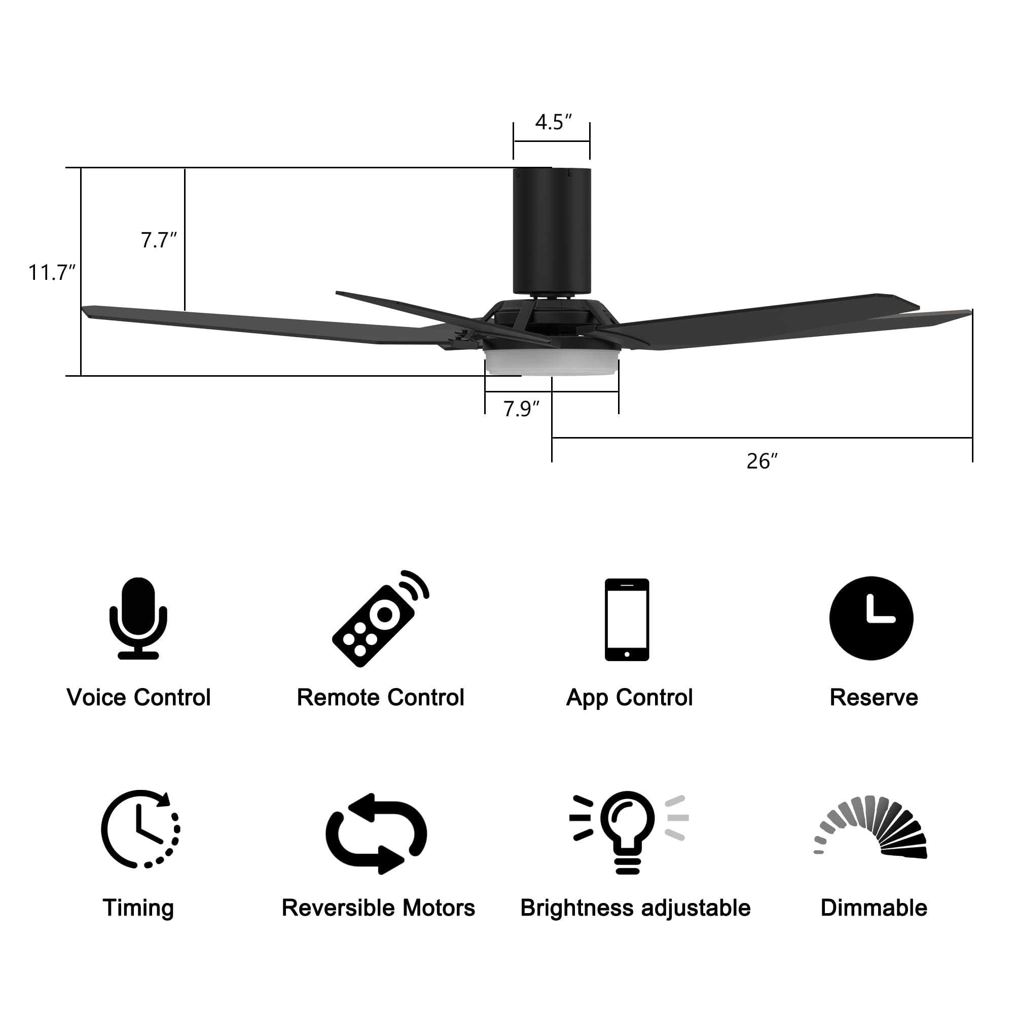 SMAAIR 52 Inch Smart Ceiling Fan with Dimmable LED Lights, Remote & WiFi App Control - Works with Alexa, Google Assistant & Siri - Black Outdoor Flush Mount Fan for Patio, Bedroom & Living Room