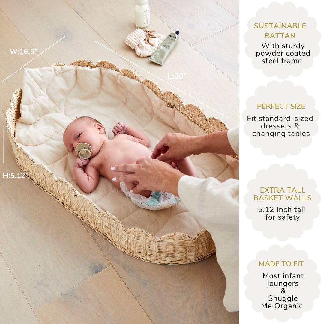 Premium Baby Changing Basket Set - Handwoven Scalloped Rattan Nursery Organizer with Changing Pad & Accessories | Natural Bamboo Diaper Caddy for Nursery, Bedroom & Baby Shower Gift