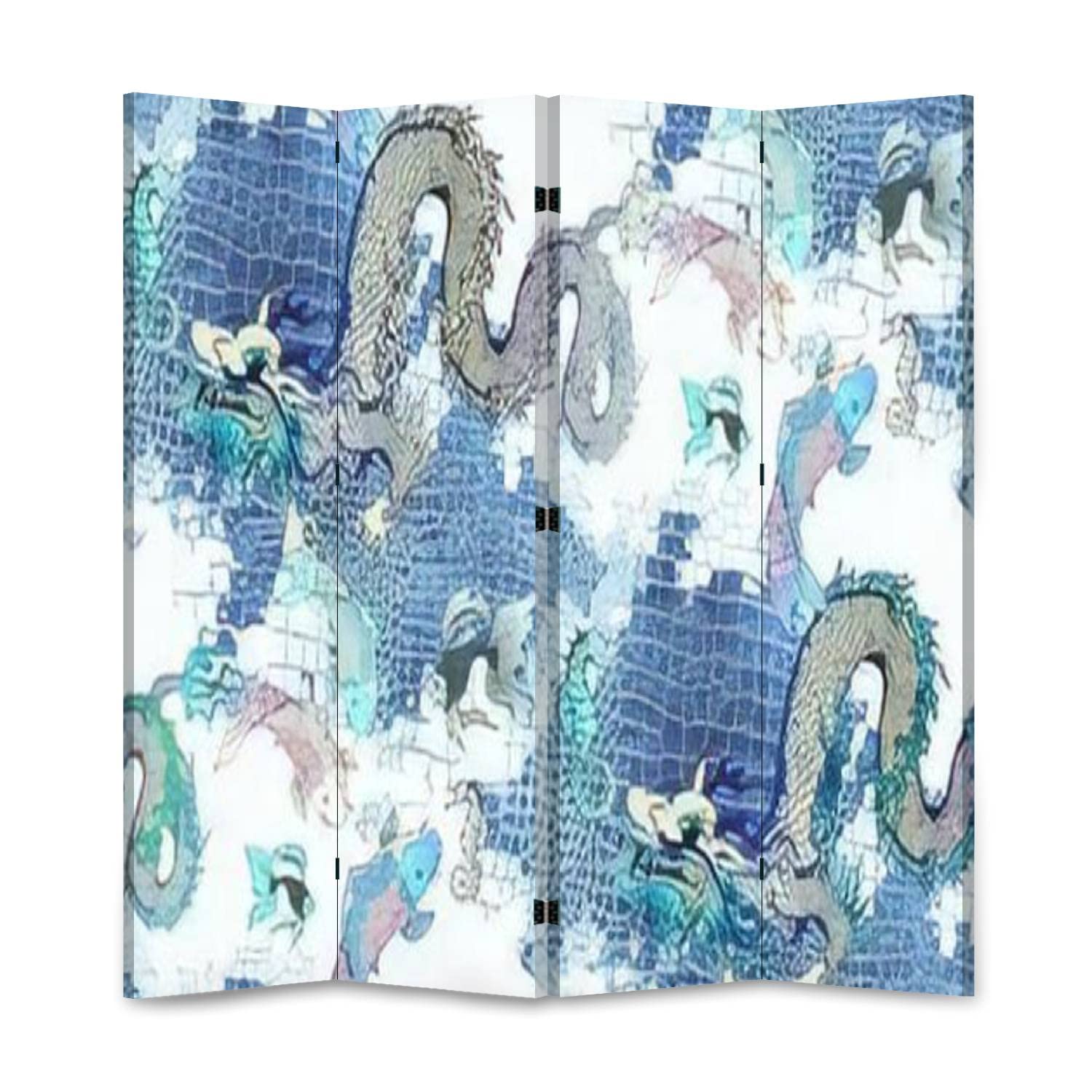 6 Panel Wooden Room Divider with Asian Dragon & Crocodile Skin Design - Double Sided Canvas Folding Privacy Screen for Home, Office & Event Decor | Perfect for Space Partition, Wall Display & Interior Design