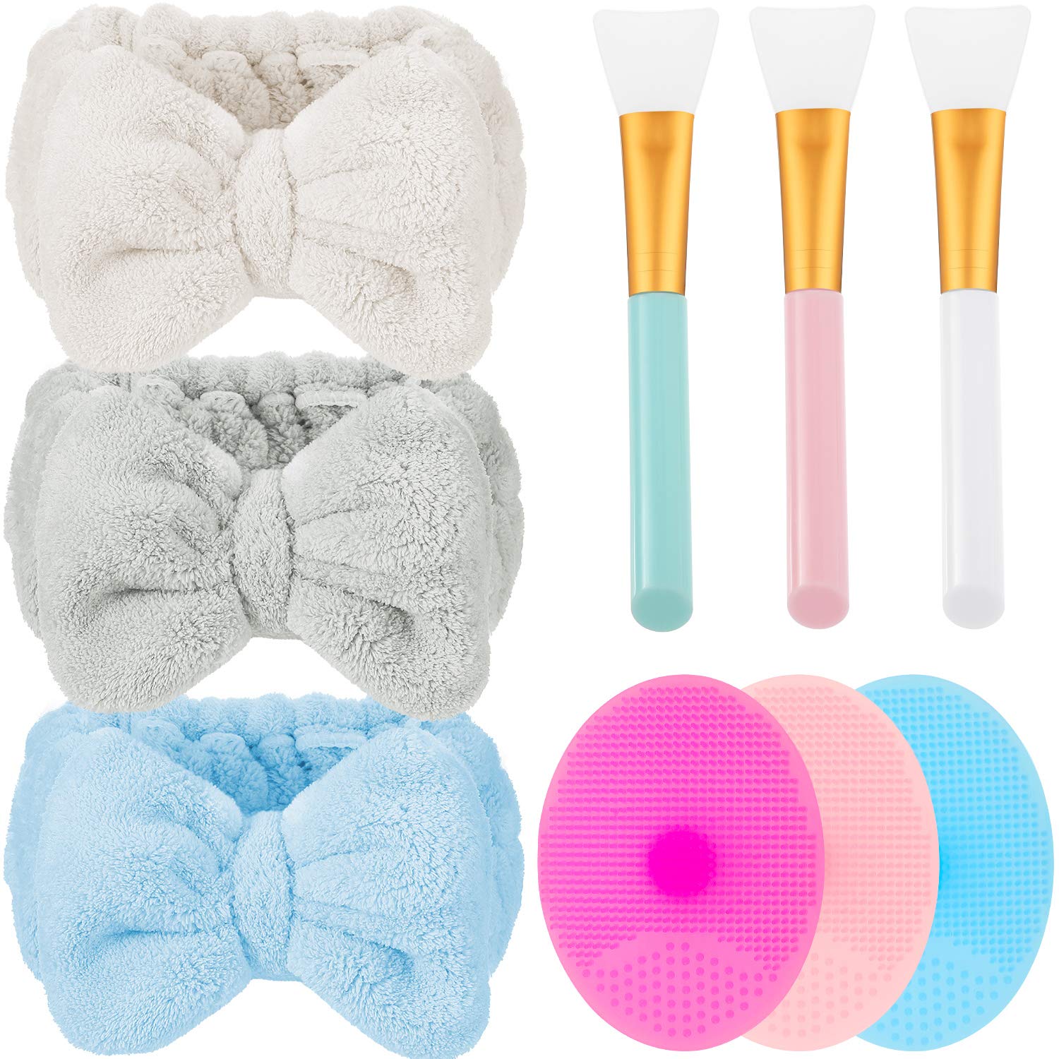 9-Piece Microfiber Bowtie Headband Set with Silicone Face Cleanser & Massager Brush - Soft Hair Accessories & Skincare Tools for Women - Perfect for Spa, Makeup & Daily Beauty Routine