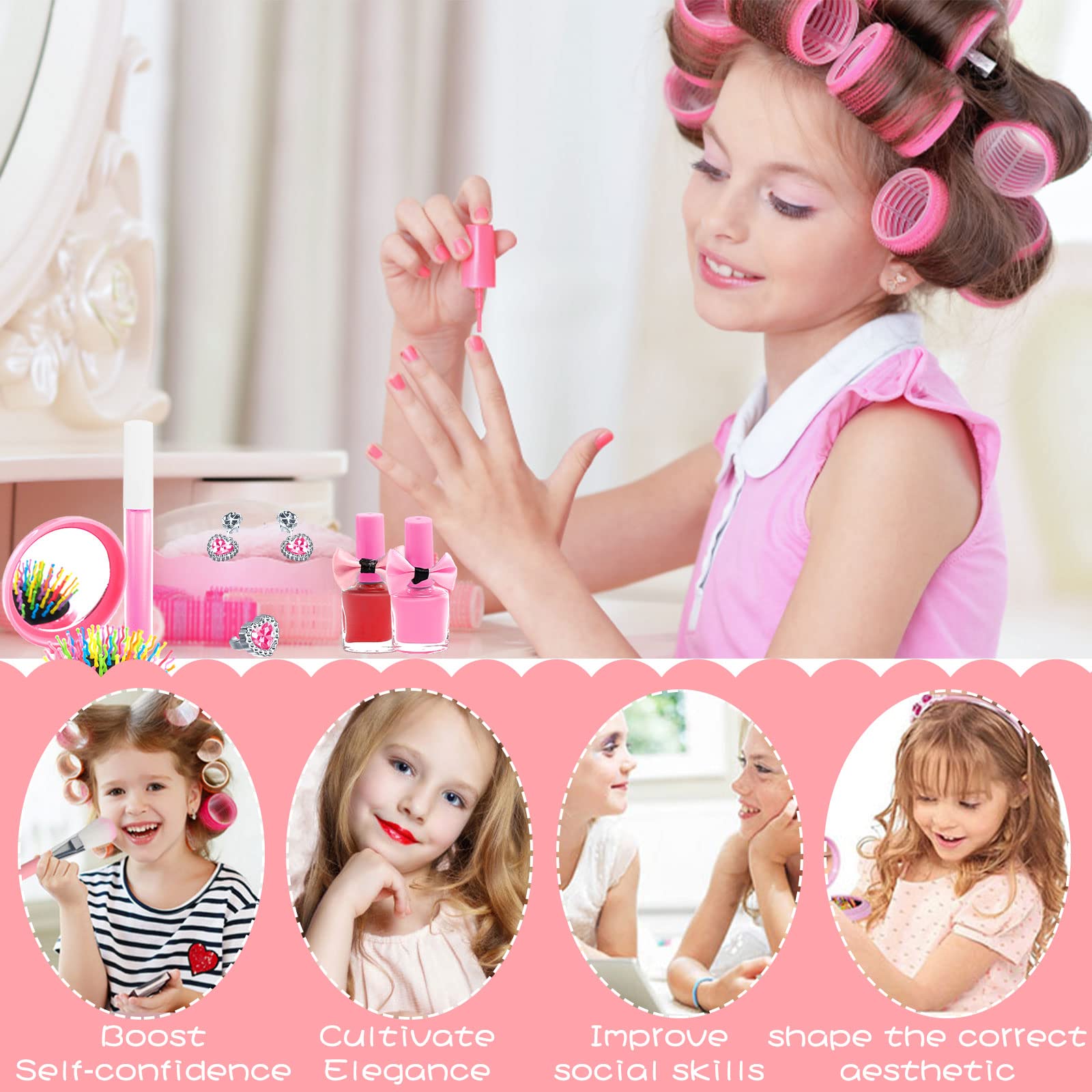 McNory 33-Piece Washable Makeup Kit for Girls - Safe & Non-Toxic Princess Toy for Ages 5-7+ | Birthday & Dress-Up Play