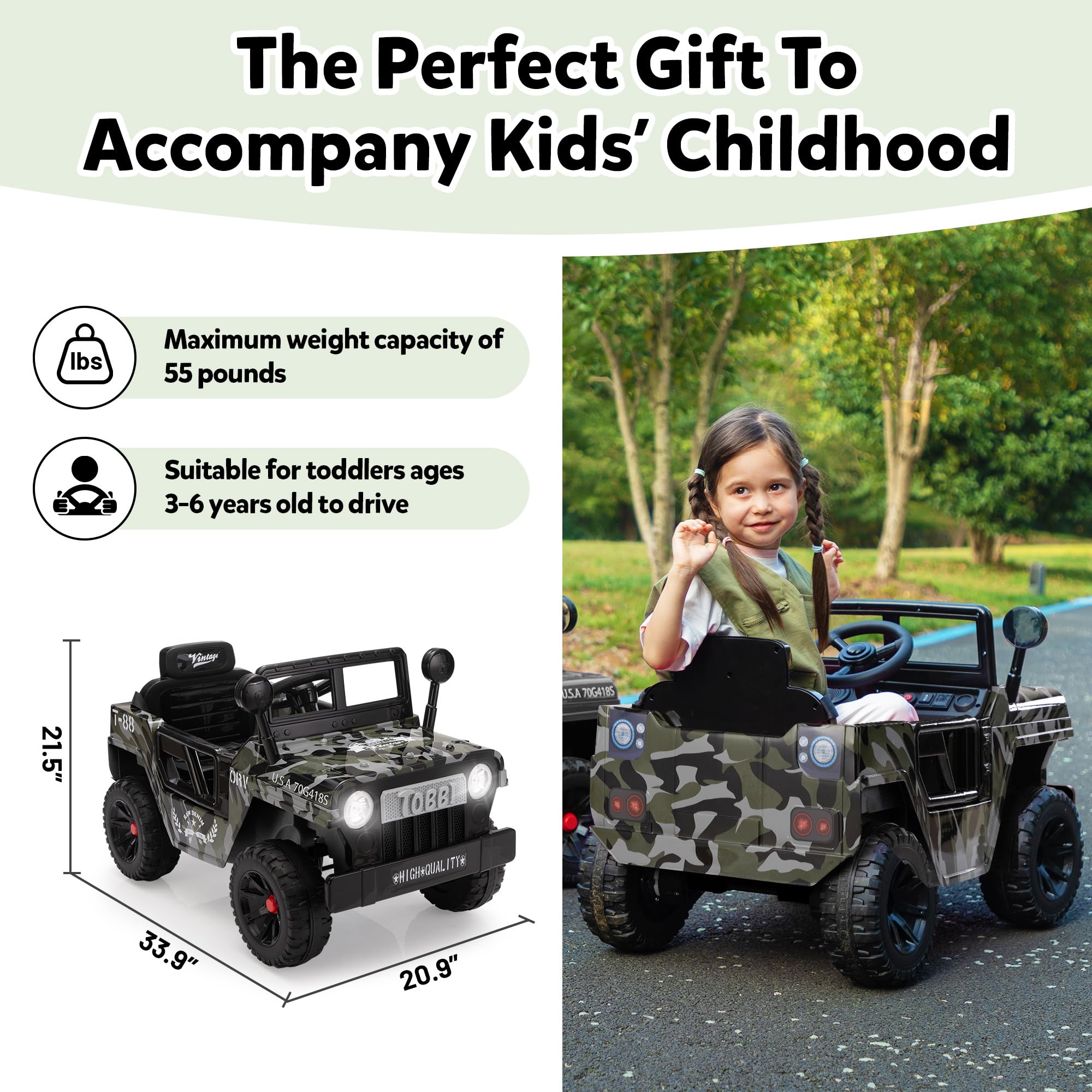 TOBBI 12V Kids Ride On Truck - Electric Battery Powered Toy Car for Toddlers with Off-Road Wheels, Suspension, Horn & LED Lights - Best Gift for Boys & Girls Ages 3-6 (Camouflage Design) - Perfect for Outdoor Play, Birthday Presents & Christmas Gifts