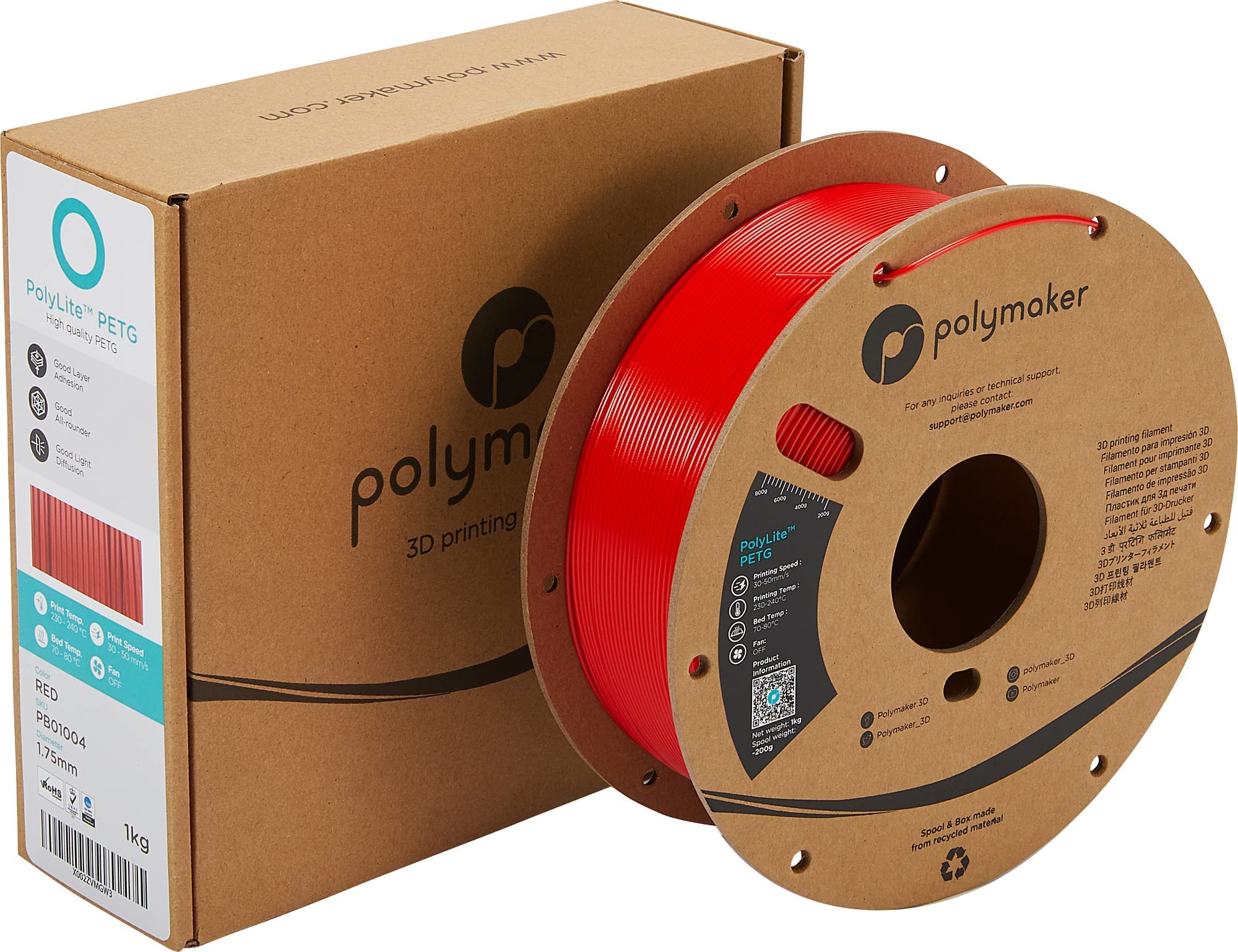 Polymaker PolyLite PETG 3D Printer Filament 1.75mm Bundle - 3 Spools (Black, White, Red) for High-Quality 3D Printing - Perfect for DIY Projects, Prototyping & Home Decor