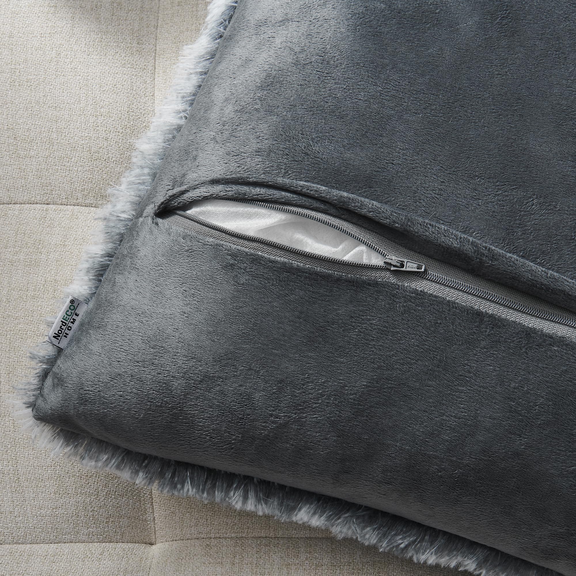 NordECO HOME Luxury Soft Faux Fur Fleece Pillow Covers 16x16 Inch - Grey Ombre 2 Pack for Sofa, Bed & Home Decor - Cozy Throw Pillow Cases Without Insert