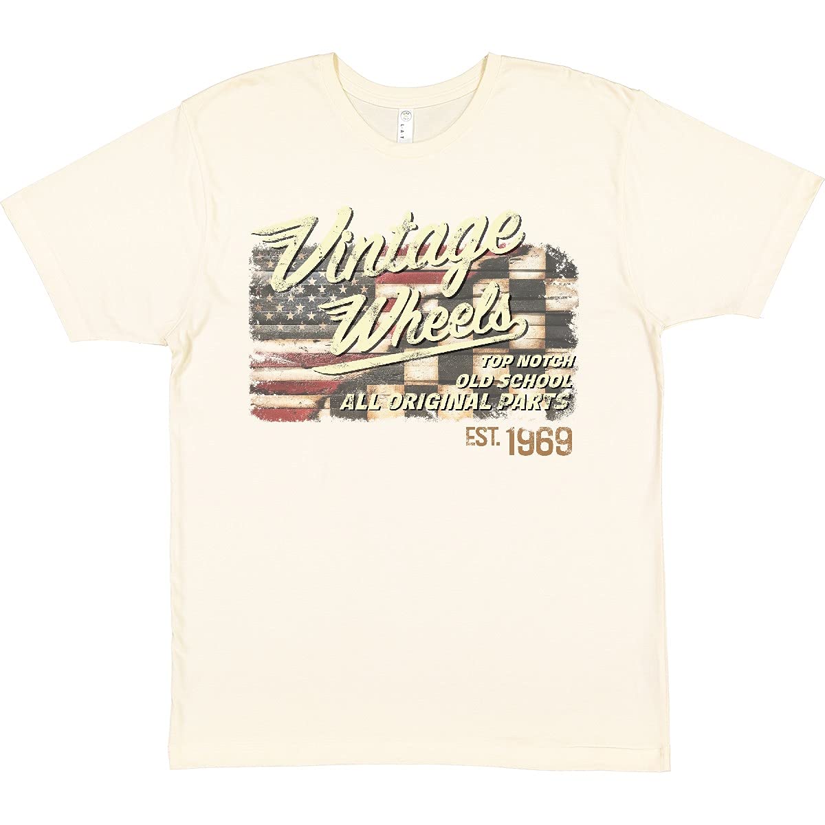 Vintage Wheels Over Top American Racing Flag T-Shirt | Retro Car Enthusiast Graphic Tee | Men's & Women's Casual Wear for Racing Fans & Car Shows