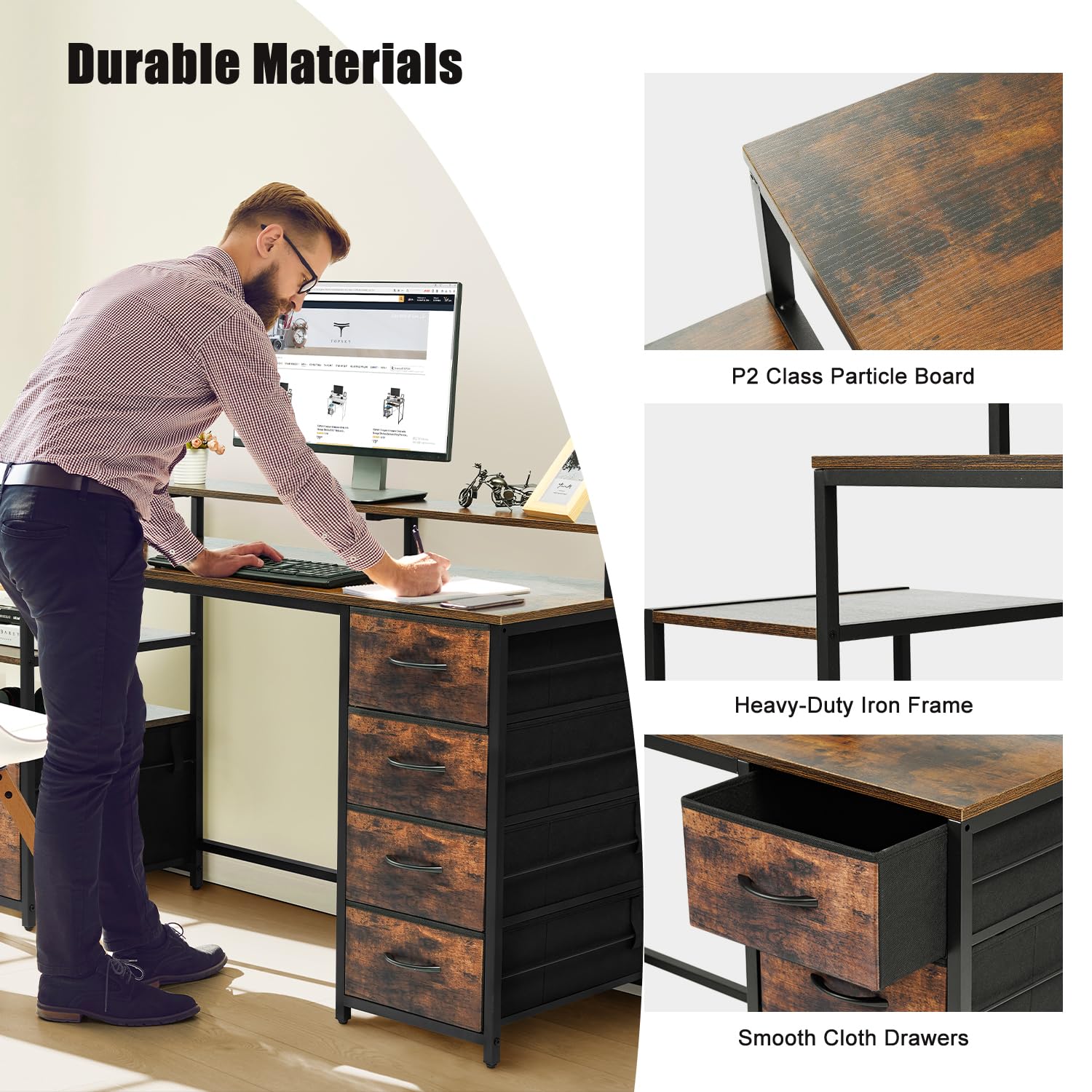 TOPSKY 62.4 Inch Bamboo Computer Desk with Storage Shelf & File Drawer - Home Office Desk with Monitor Stand, Study Table for Letter Size Documents | Perfect for Small Spaces, Remote Work & Online Learning