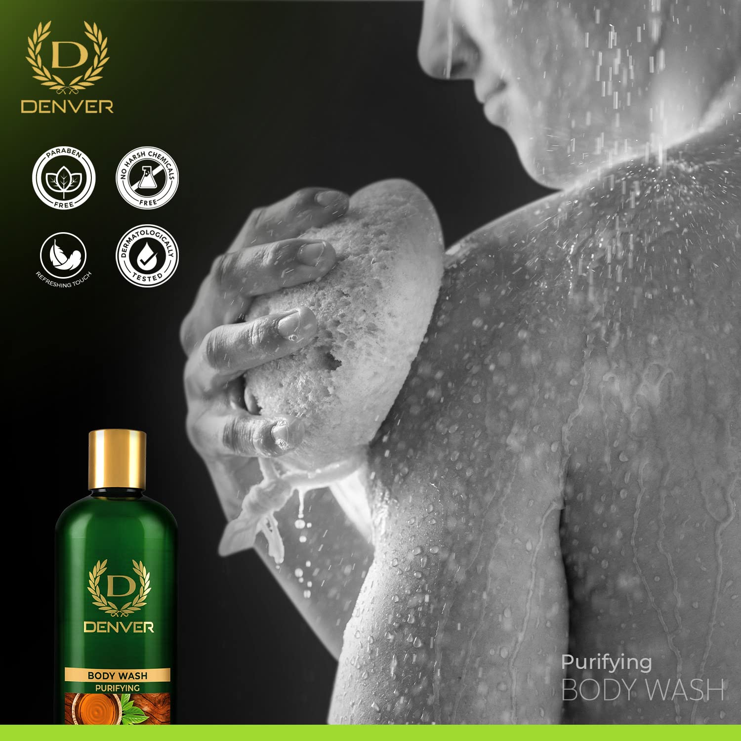DENVER Purifying Body Wash with Tea Tree Oil - 325ML | Soap-Free Formula for Deep Cleansing | Men's Shower Gel for Acne-Prone & Oily Skin | Refreshing Bath Essential for Gym & Post-Workout Use