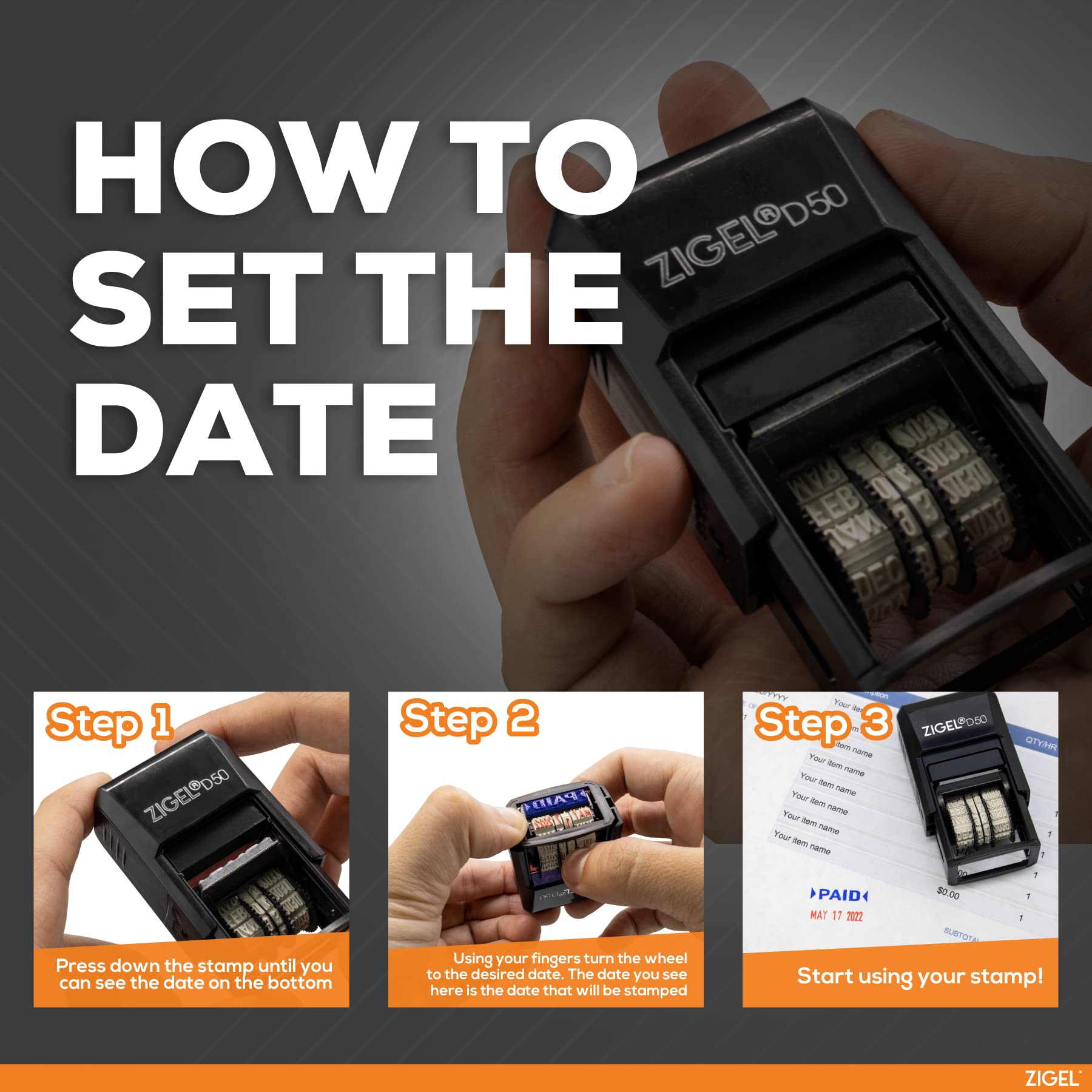 ZIGEL D50 Self-Inking Date Stamp with Posted - Adjustable Black Ink Stamp for Office, Mail, Documents & Legal Use